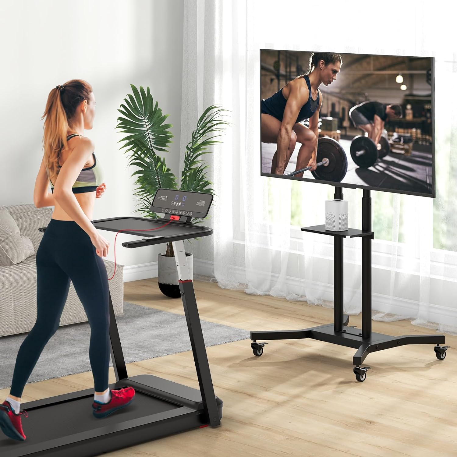 Support TV à roulettes, Support TV sur Pieds en Hauteur Réglable pour Écrans Plats Incurvés 81 à 178cm, Chariot TV Base en H - 9