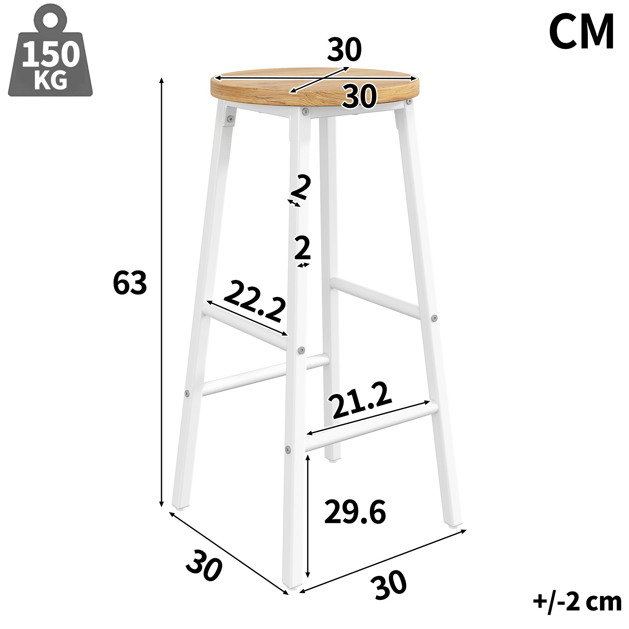 Lot de 2 Tabouret de bar avec repose-pieds et pieds réglables - MDF/métal - 30 x 30 x 63 cm - Blanc + bois naturel - 4