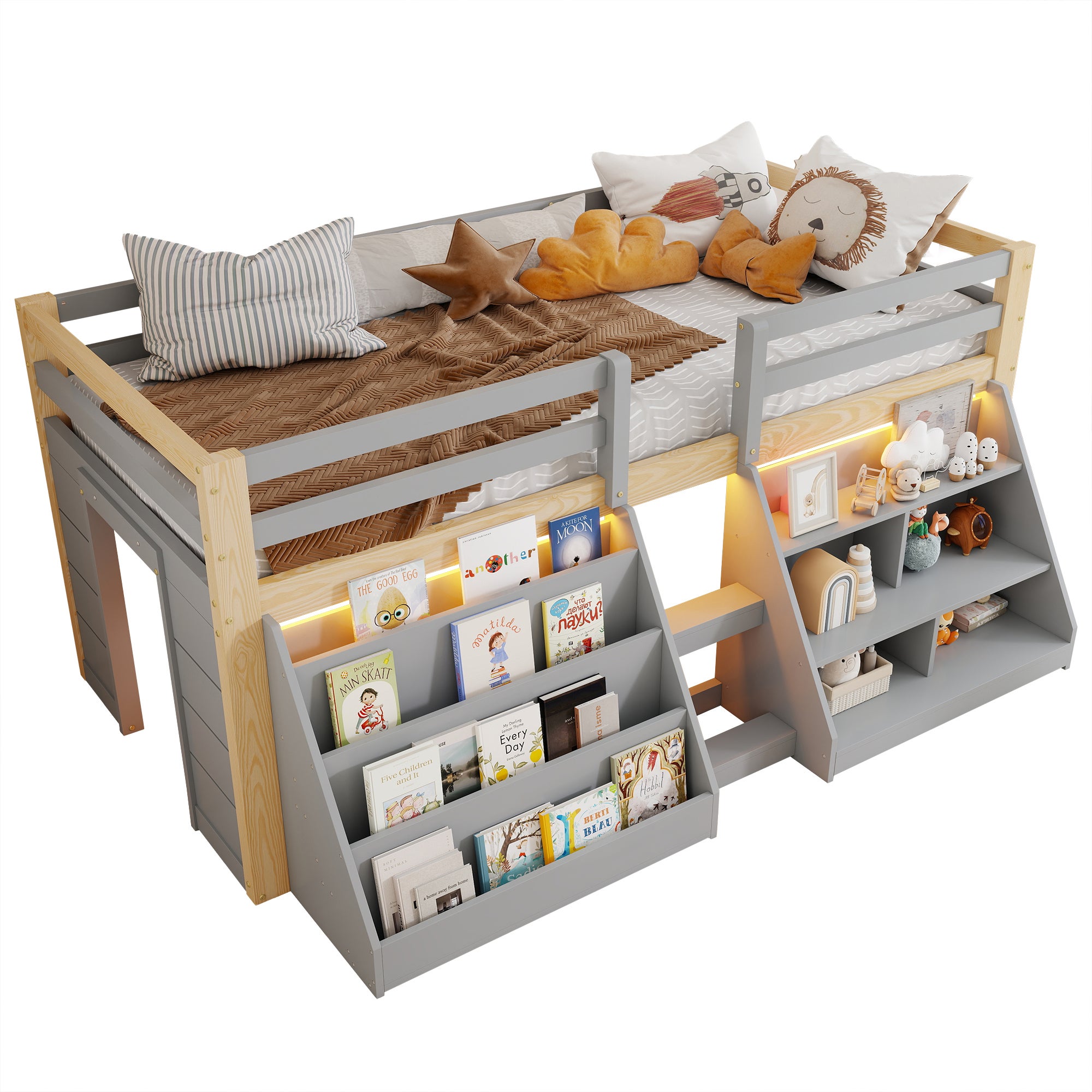 Lit mi-hauteur enfant 90 x 200 cm avec étagères et barrière de sécurité - Pin + MDF + contreplaqué - LEDs - Naturel + gris (Sans matelas) - 8