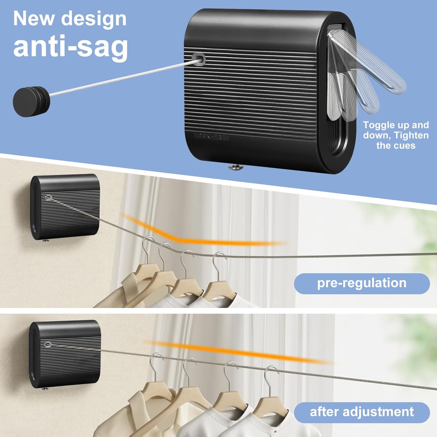 Corde à Linge Rétractable 4,2m - Sechoir a Linge Mural - Étendoir Robuste Intérieur/Extérieur 20kg, pour Salle de Bain, Balcon, Buanderie (Noir- Installation Facile