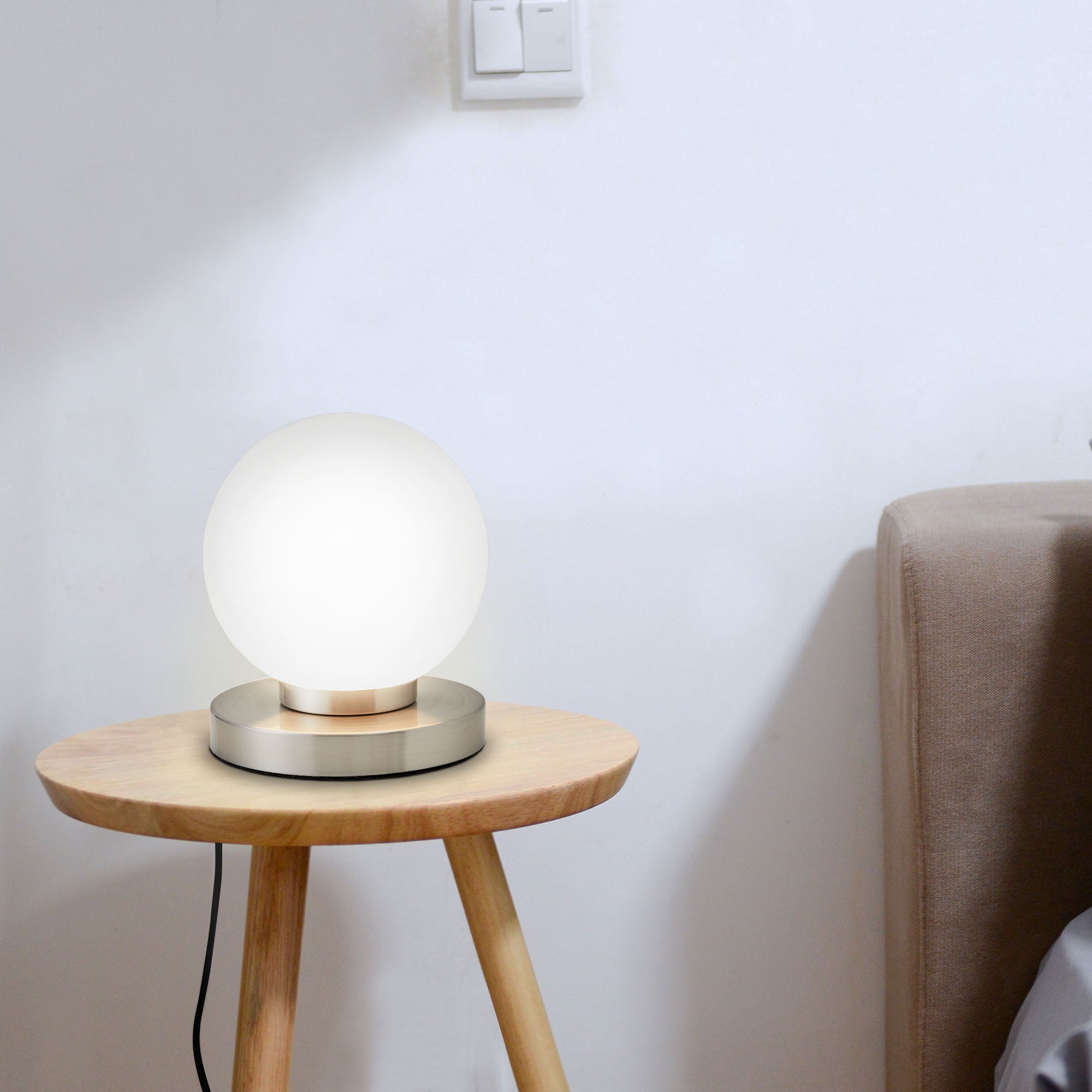 Lampe de table 1 lumière - Nickel mat et verre opale blanc - Avec variateur tactile - IP20 - B.K.Licht - 6