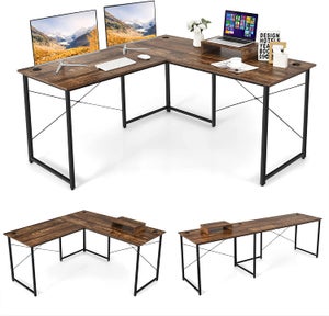 COSTWAY Bureau d'angle en L Réversible avec Support de Moniteur, Poste de Travail Industriel avec 3 Trous de Câble, 150 x 150 x 74 cm, Marron Rustique