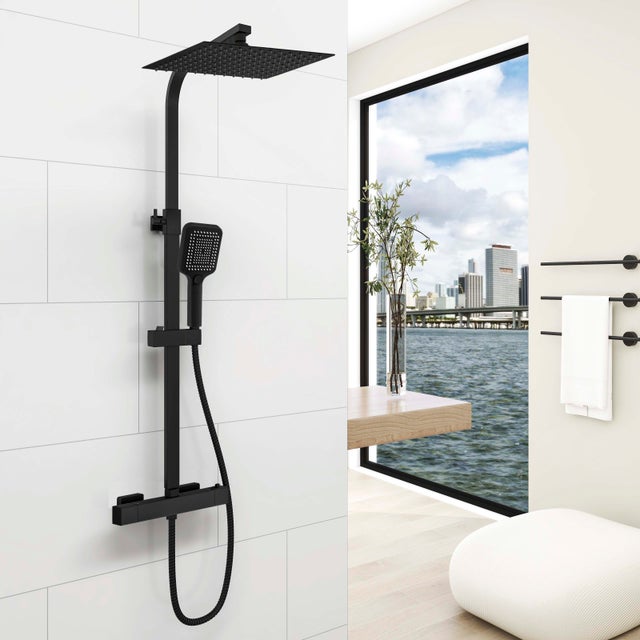 Aica Columna Ducha Termostática 38℃ Negro Mate Barra Ajustable, Alcachofa de Ducha 30x30cm (12