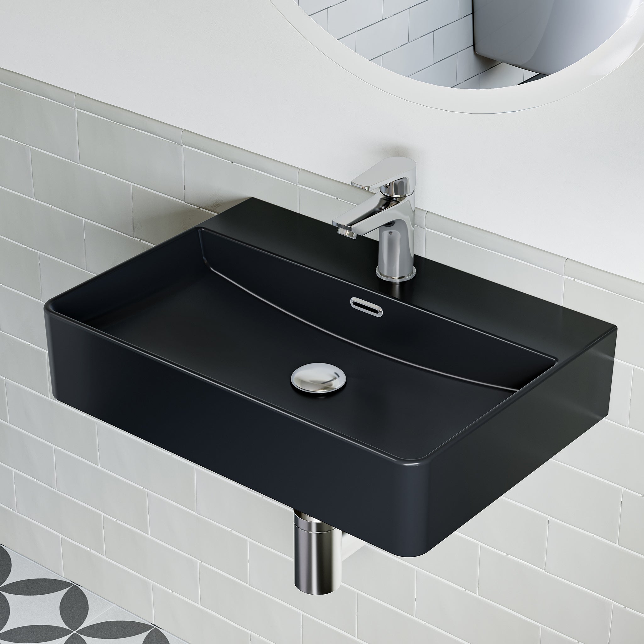 HOROW Umywalka ścienna ceramiczna, czarna 60 cm prostokątna umywalka nablatowa z otworem na baterię i przelewem do małych łazienek gościnnych