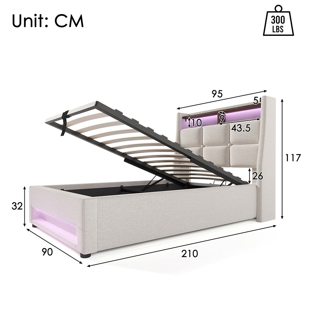 Lit coffre 90x200 cm Lit rembourré avec USB Lit simple LED avec sommier à lattes métalliques pour adolescents Sans matelas Beige - 3