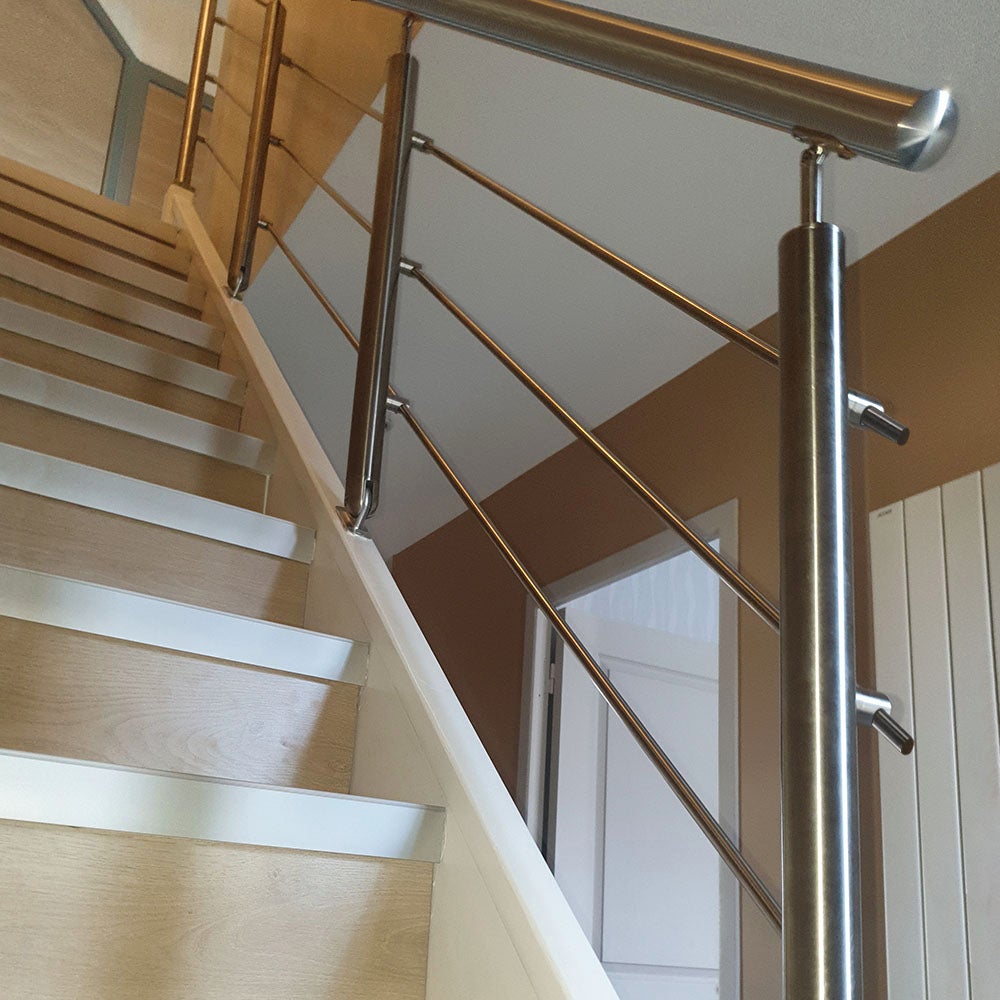 Kit Réno pour garde-corps d'escalier - sur-mesure - 3 poteaux - Main courante inox Ø42,4 mm + embout inox - 3 barres Ø12 mm sur supports transversaux - 4