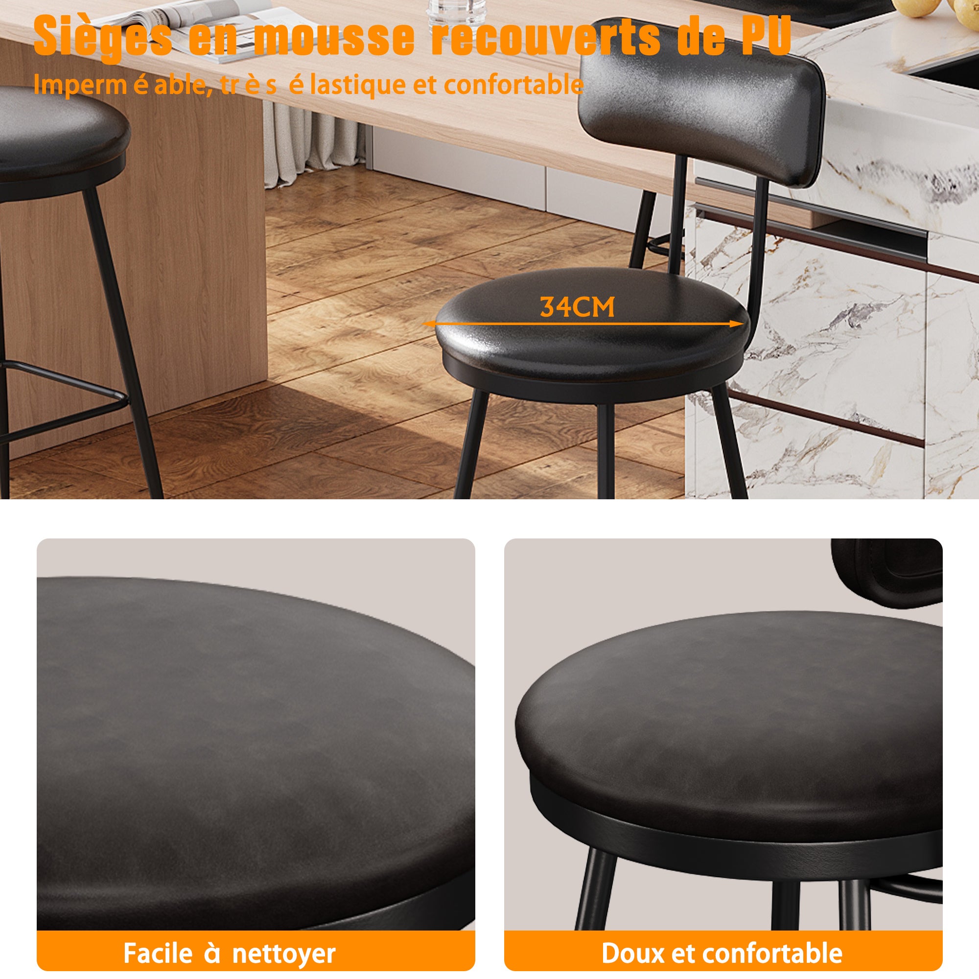 Tabouret de Bar,Lot de 2,Siège Rembourré,PU avec Coutures,Adapté pour Cuisine,Salle à Manger et Bar,Hauteur d'assise 65 cm,Noir - 6