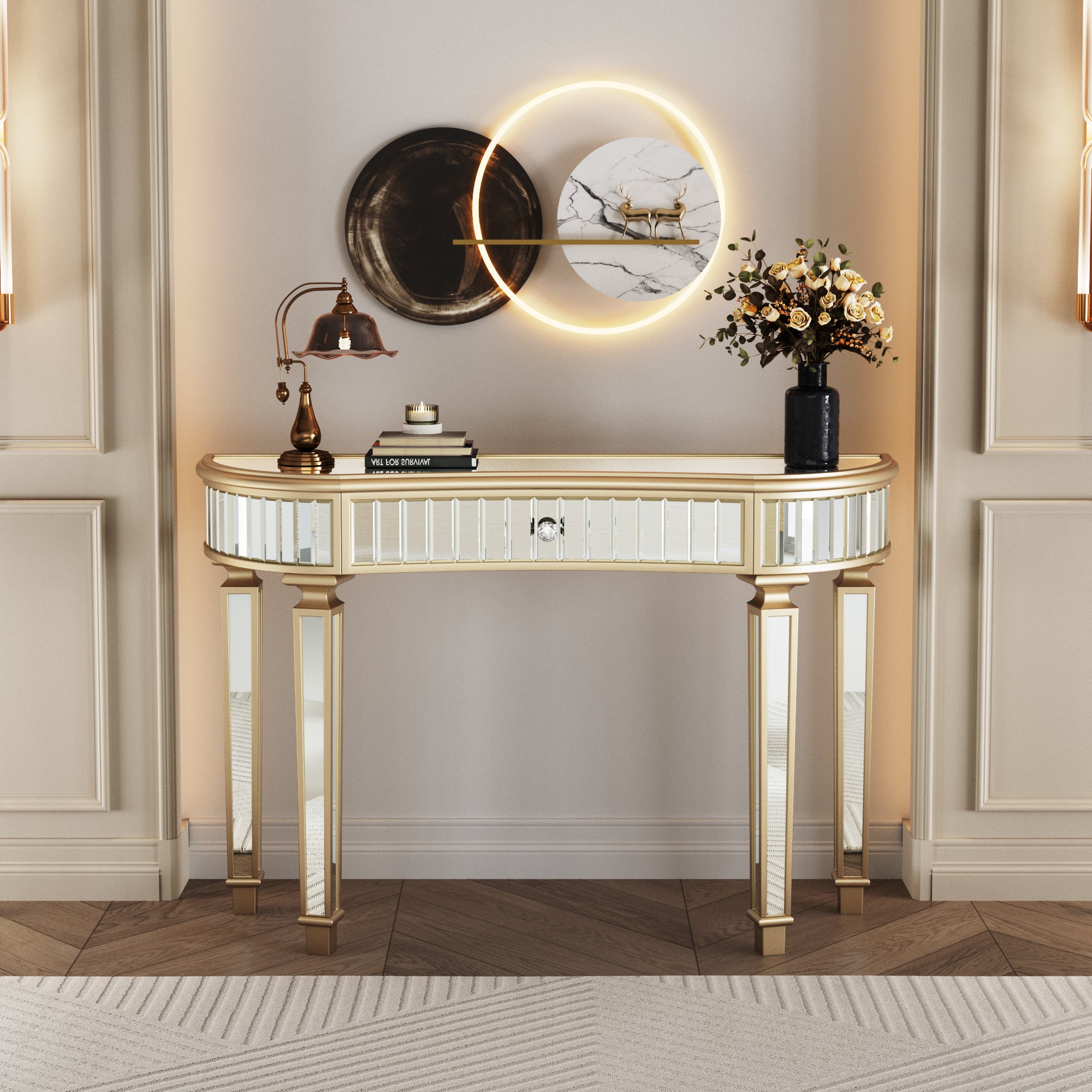 Console demi-lune miroir 120 cm, table canapé luxe, verre strié et ...