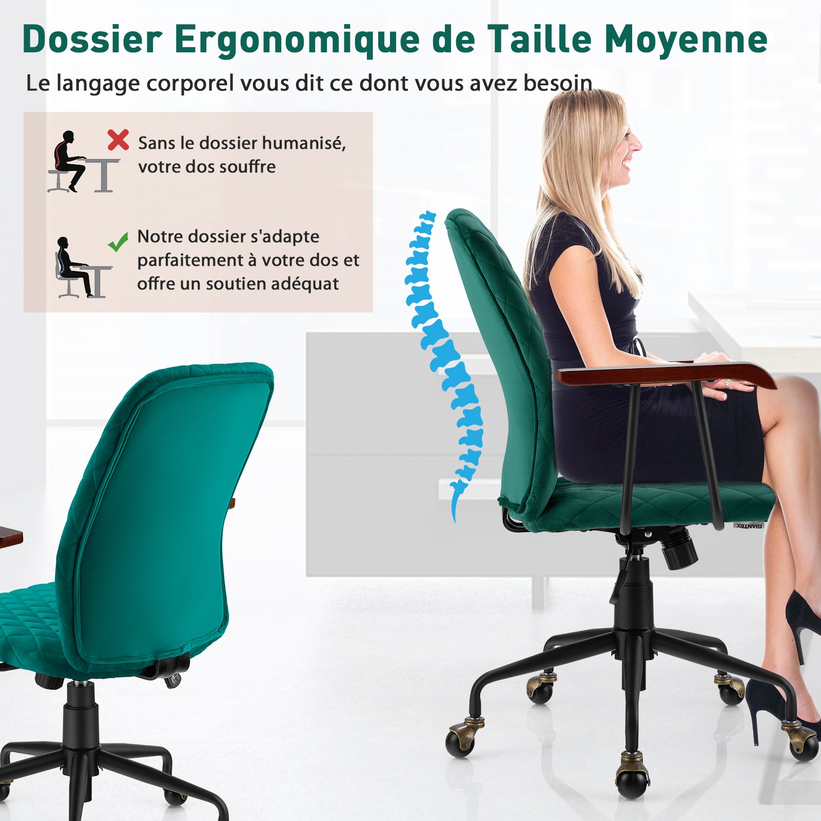 Sedia Girevole in Velluto, Sedia da Ufficio con Altezza Regolabile e Schienale, con Braccioli in Gomma e Ruote in Rame, Carico Massimo 150 kg - 5