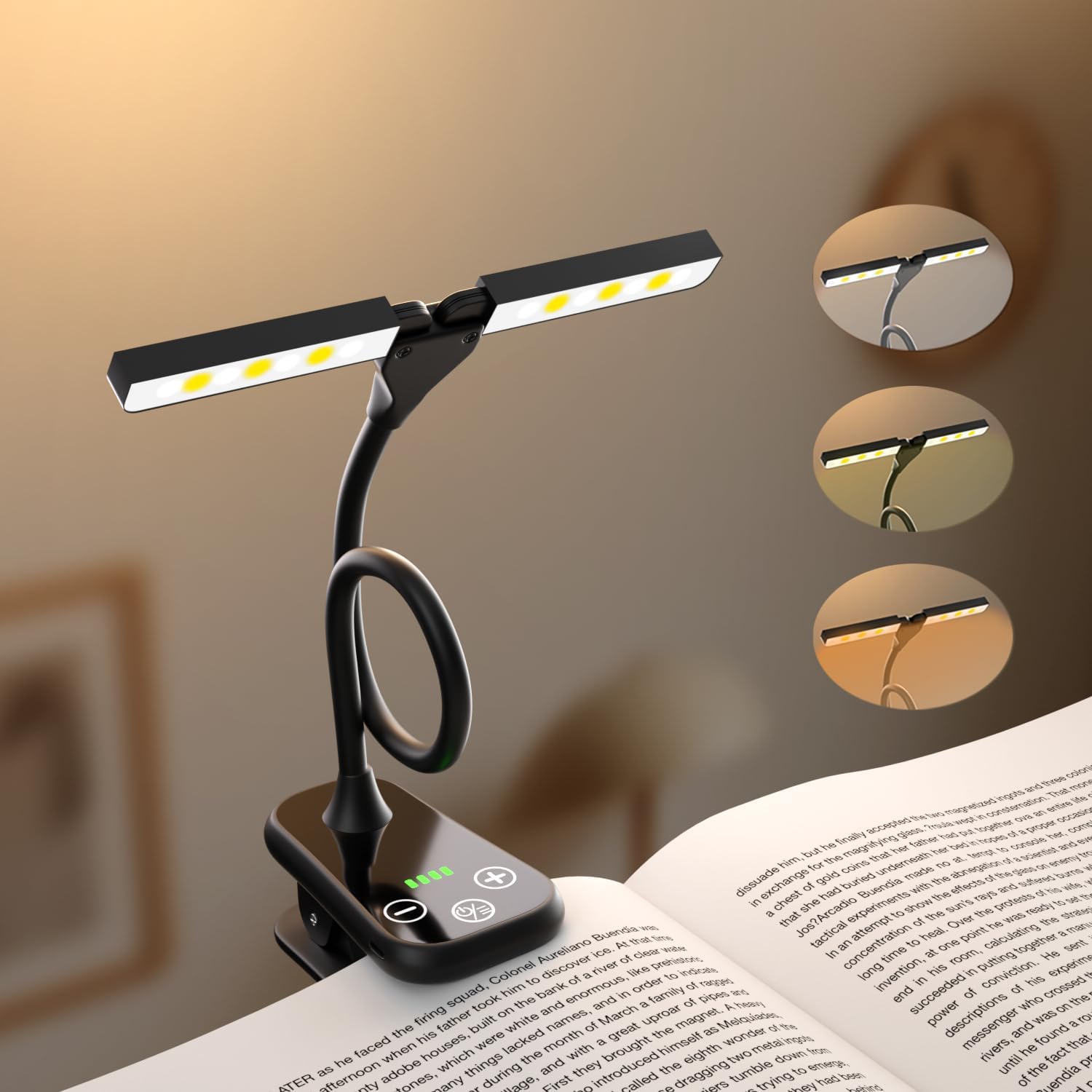 Akumulatorowa, przenośna lampa do czytania – dwie głowice oświetleniowe, 3 przyjazne dla oczu temperatury barwowe, ramię obrotowe 360°