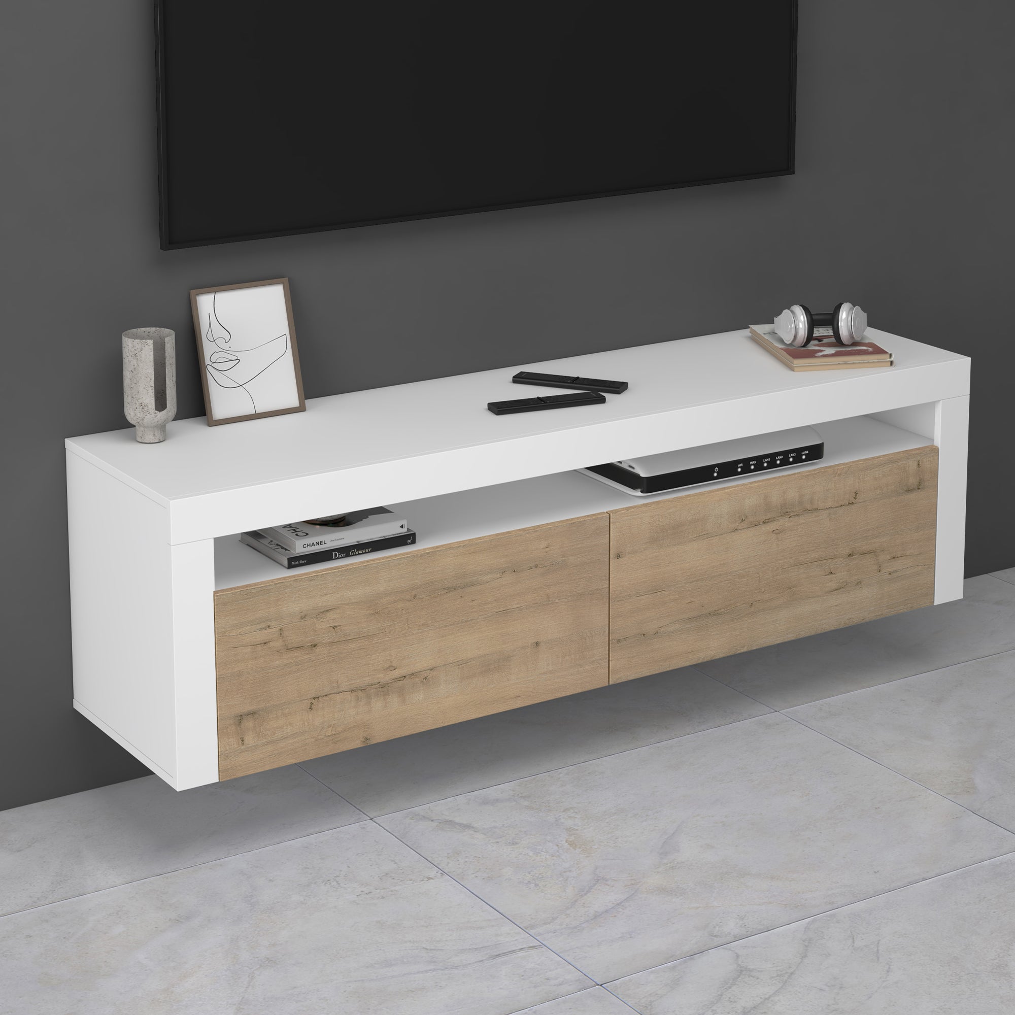 TV-Meubel, Lowboard, 150x45x35cm, Voor tv's tot 65, Elektrische haard, Eiken