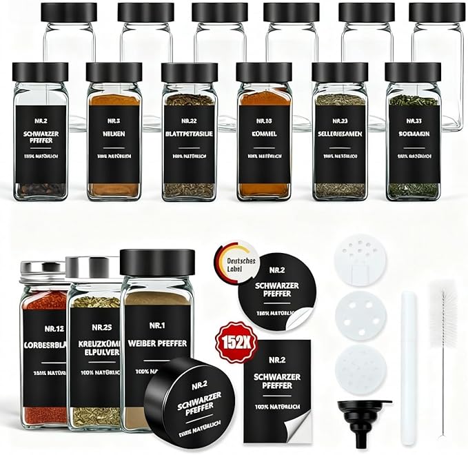 Kwadratowe słoiczki na przyprawy 12 szt. 120 ml z wodoodpornymi etykietami i dozownikami – praktyczne i eleganckie przechowywanie w kuchni