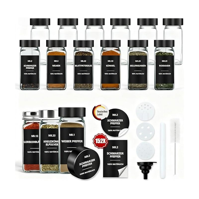 Kwadratowe słoiczki na przyprawy 12 szt. 120 ml z wodoodpornymi etykietami i dozownikami – praktyczne i eleganckie przechowywanie w kuchni