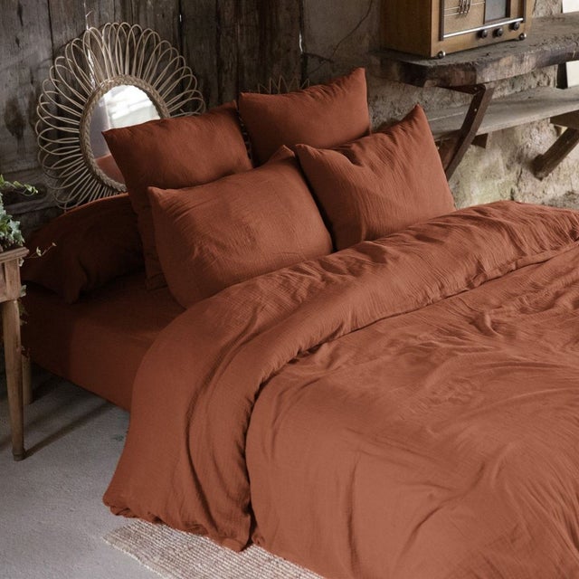 Housse de couette 240x260 Gaze de Coton Terracotta