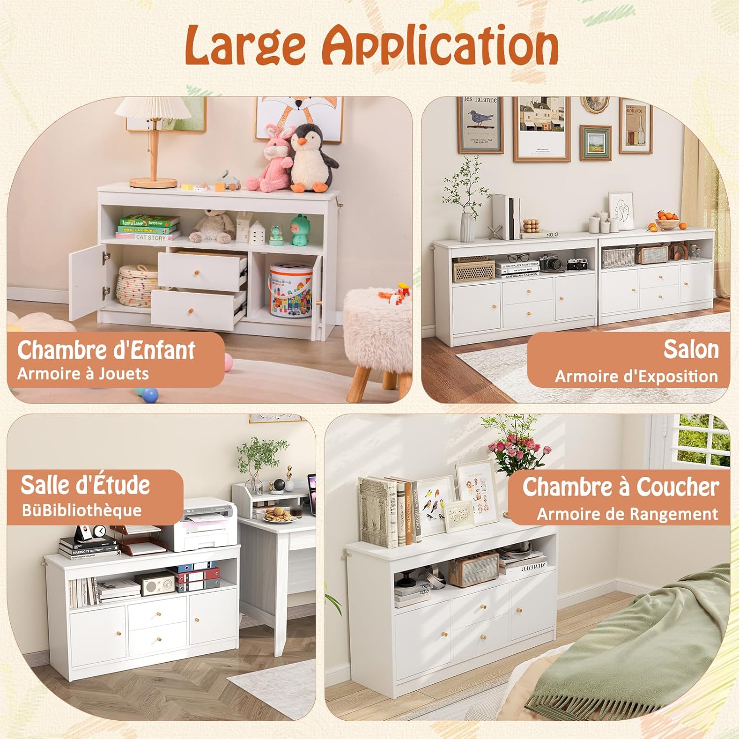 Organizador de Arrumação, Cómoda para Brinquedos Infantis, 2 Gavetas, 2 Armários Fechados, 1 Compartimento Aberto para Quarto, Escritório (Branco) - 6