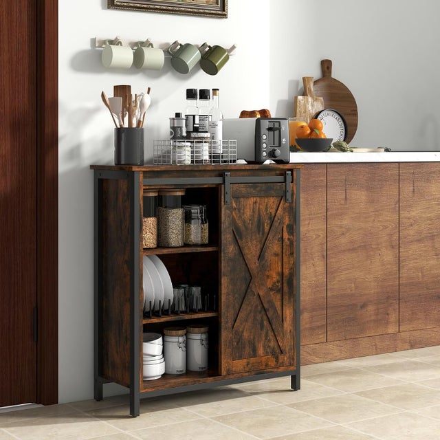 Meuble de Rangement de Cuisine à Porte Coulissante, Buffet de Cuisine avec 4 Etagères Réglables, Kits Anti-basculement, Style Rustique