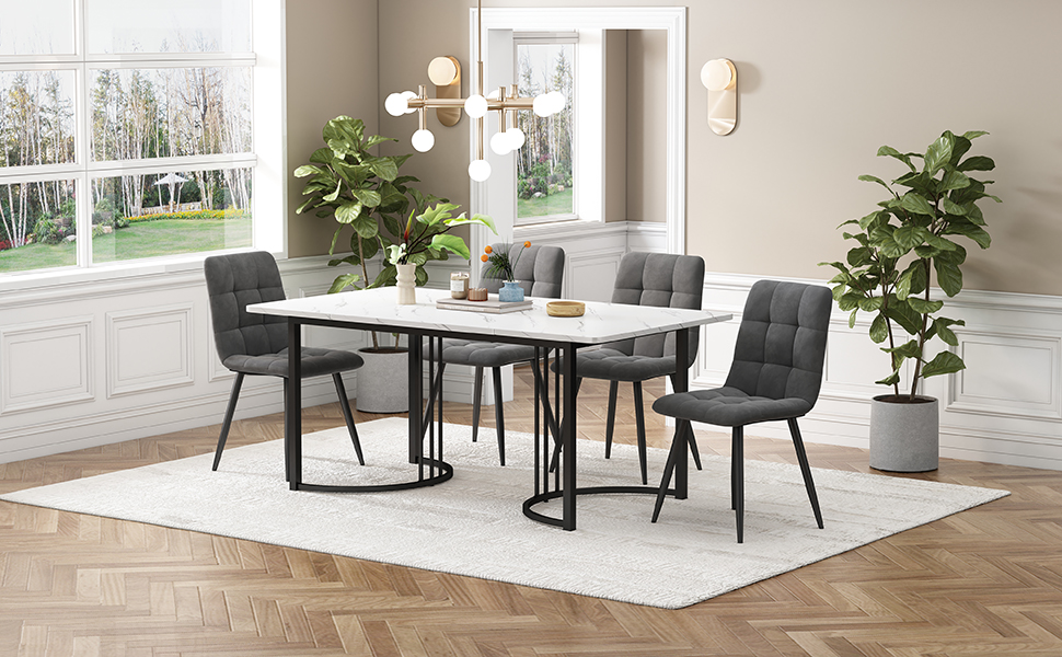 Ensemble table à manger + 4 chaises en velours -140 x 80 x 75 cm - MDF et pièds en métal - Effet marbre - Gris + blanc - 2