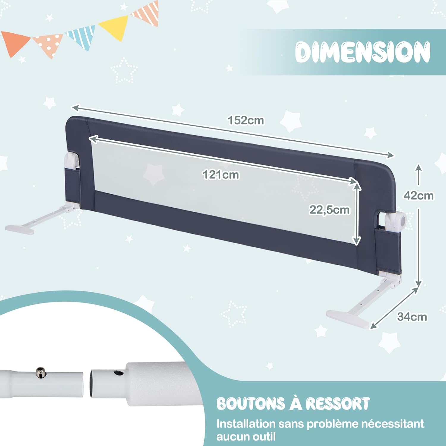 Barrière De Lit D'appoint Pliable Pour Enfant – Âge 18 Mois à 5 Ans | Hauteur Réglable 70-99 Cm | Maille Respirante, Acier