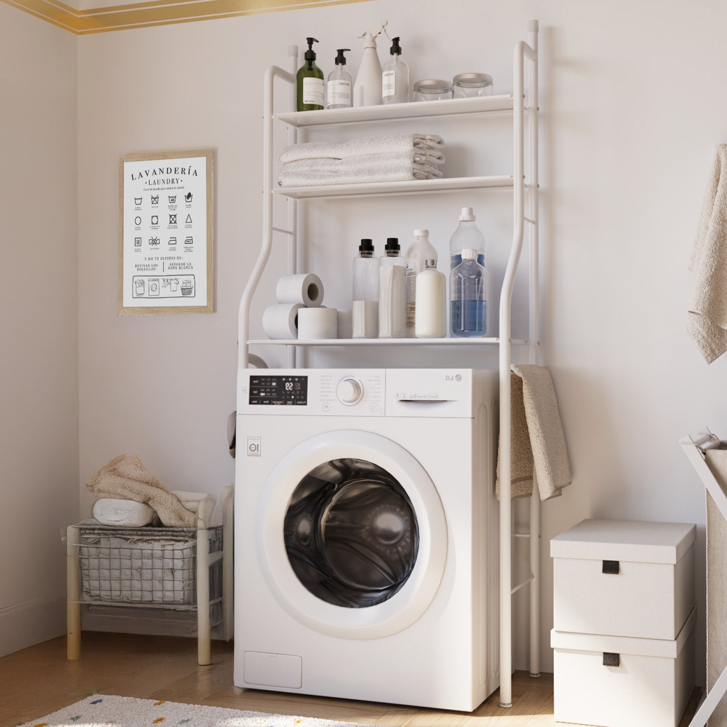 Scaffale Bagno 3 Mensole Ripiano Superiore Mobile Sopra Lavatrice Lavanderia Ripiani Per Appoggio Organizer Da Parete In Metallo 152x65x25 Cm Bianco - 4