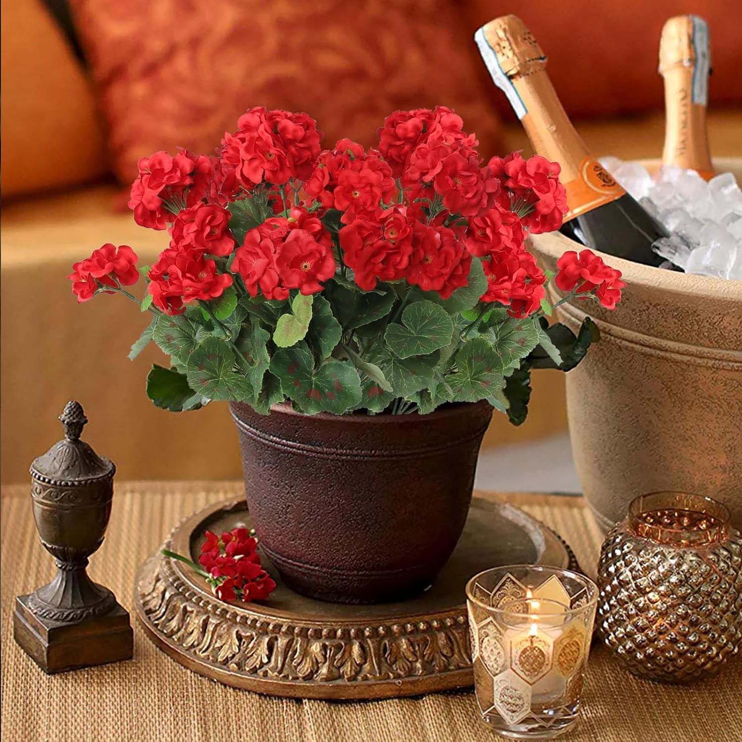 7 ramos geranios rojos artificiales resistentes a los rayos UV, flores para cementerio, balcón, jardín, hogar, primavera, decoración - 4