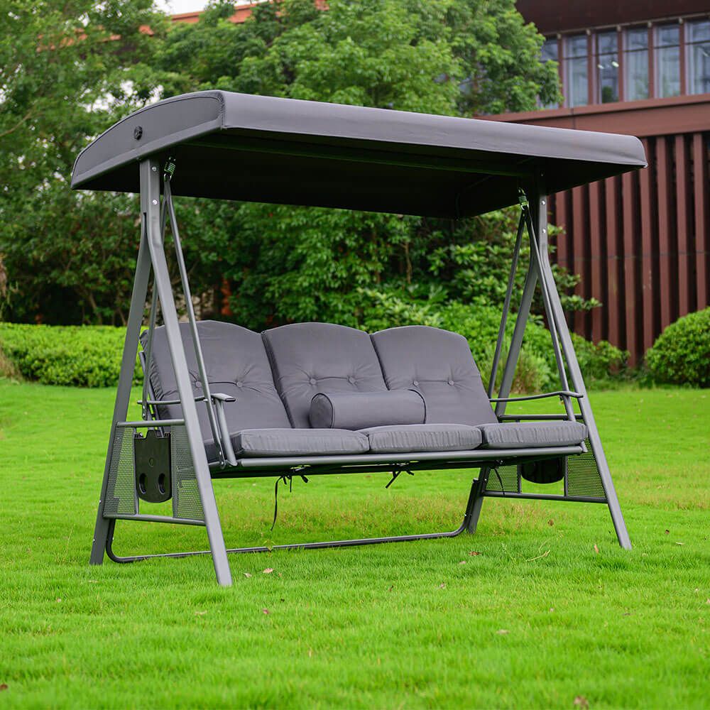 HOME DELUXE - Balancelle DESCANSO Gris - 3 places, L/H/L 115 cm x 195 cm x 198 cm, avec porte-boissons, coussins d'assise et de dossier I Chaise - 4