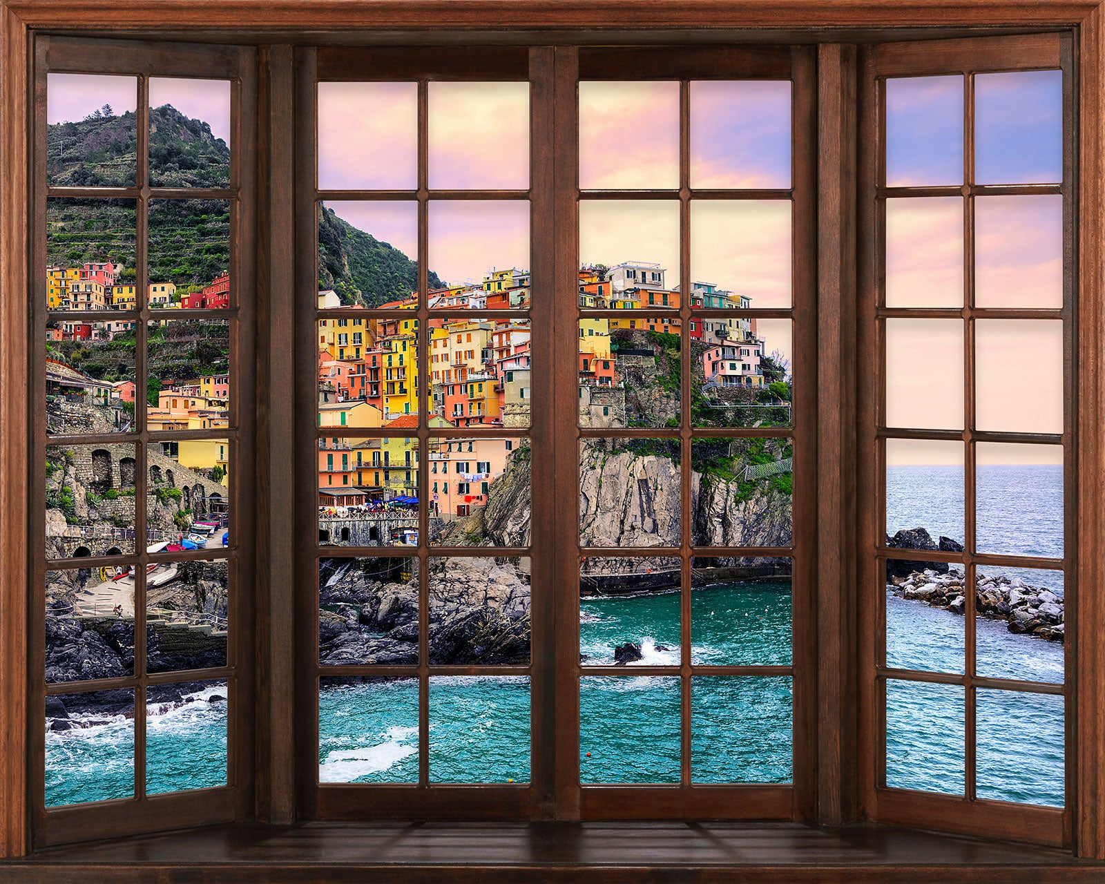 Papier peint panoramique Trompe l'oeil Fenêtre en bois - Cinque Terre - Largeur 130 cm x Hauteur 104 cm - 2