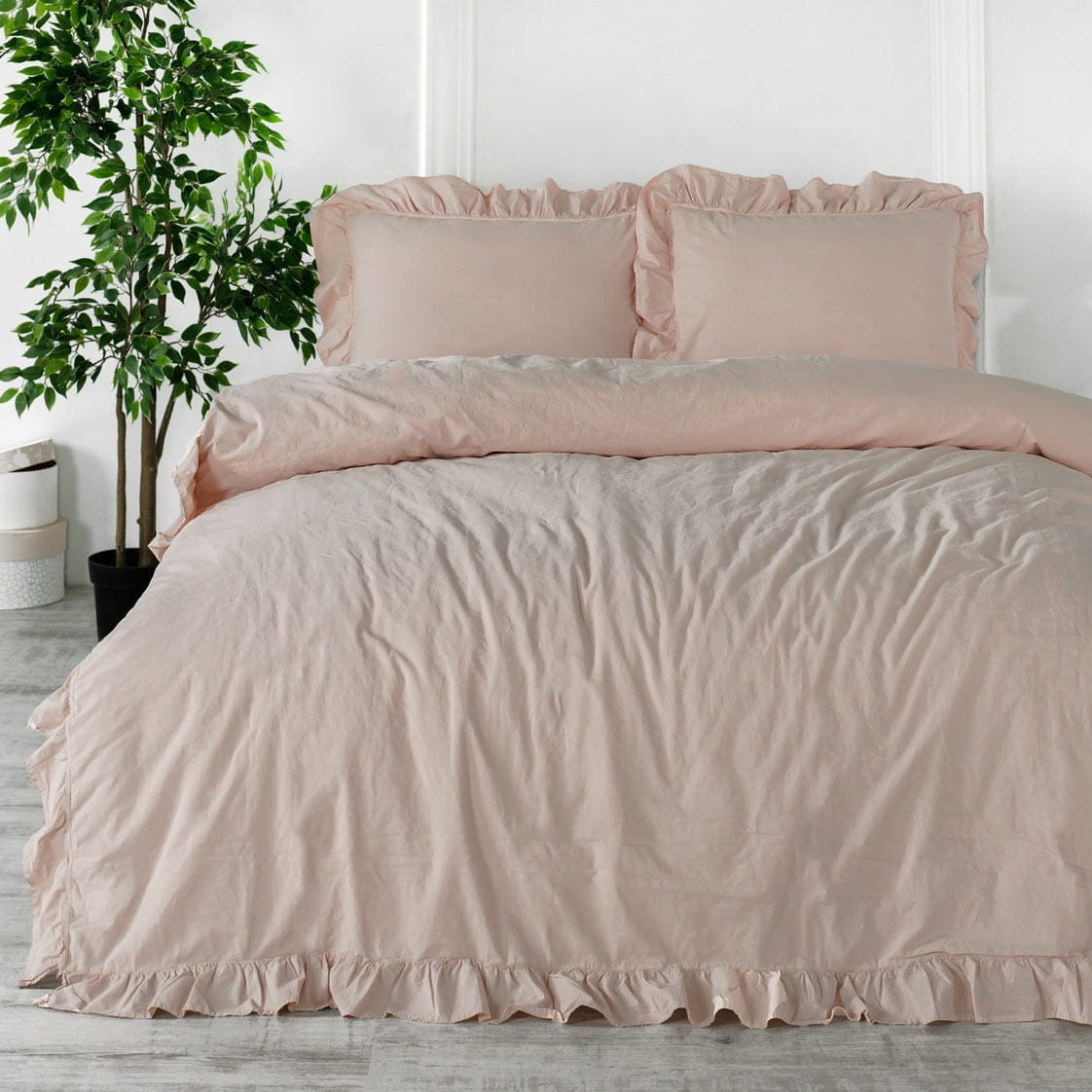 Pościel bawełniana z falbanką 160x200 Stonewashed Exclusive, Camello Roses, różowa - Limasso