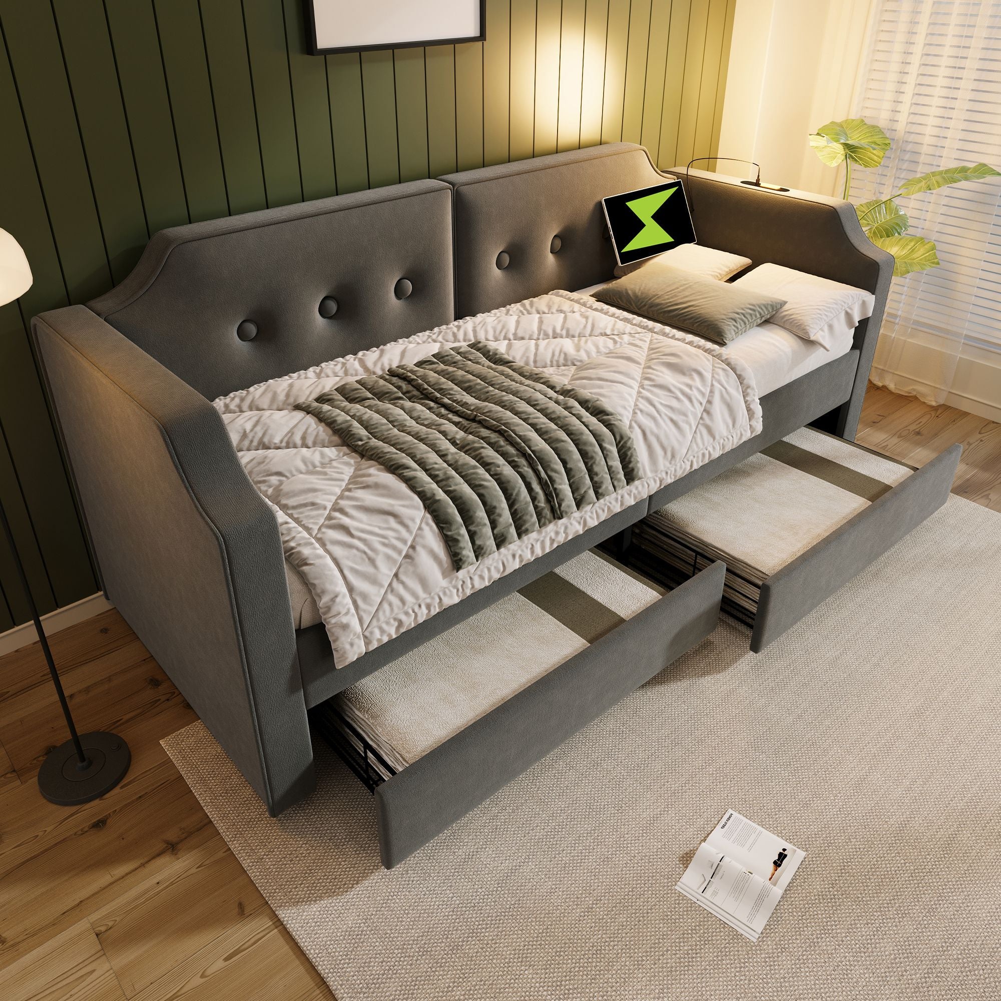 Tapicerowana sofa rozkładana 90x200 cm, z lampką do czytania USB typu C, z 2 szufladami, szara (bez materaca).