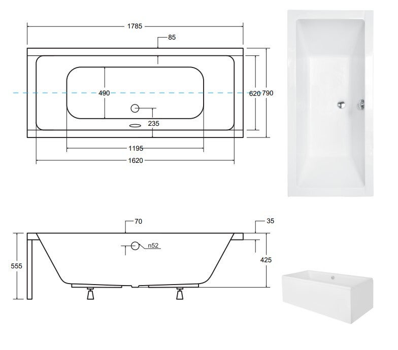 Baignoire rectangulaire blanc - avec Tablier - Repose Tête OFFERT - QUADRO - 180x80 - 4