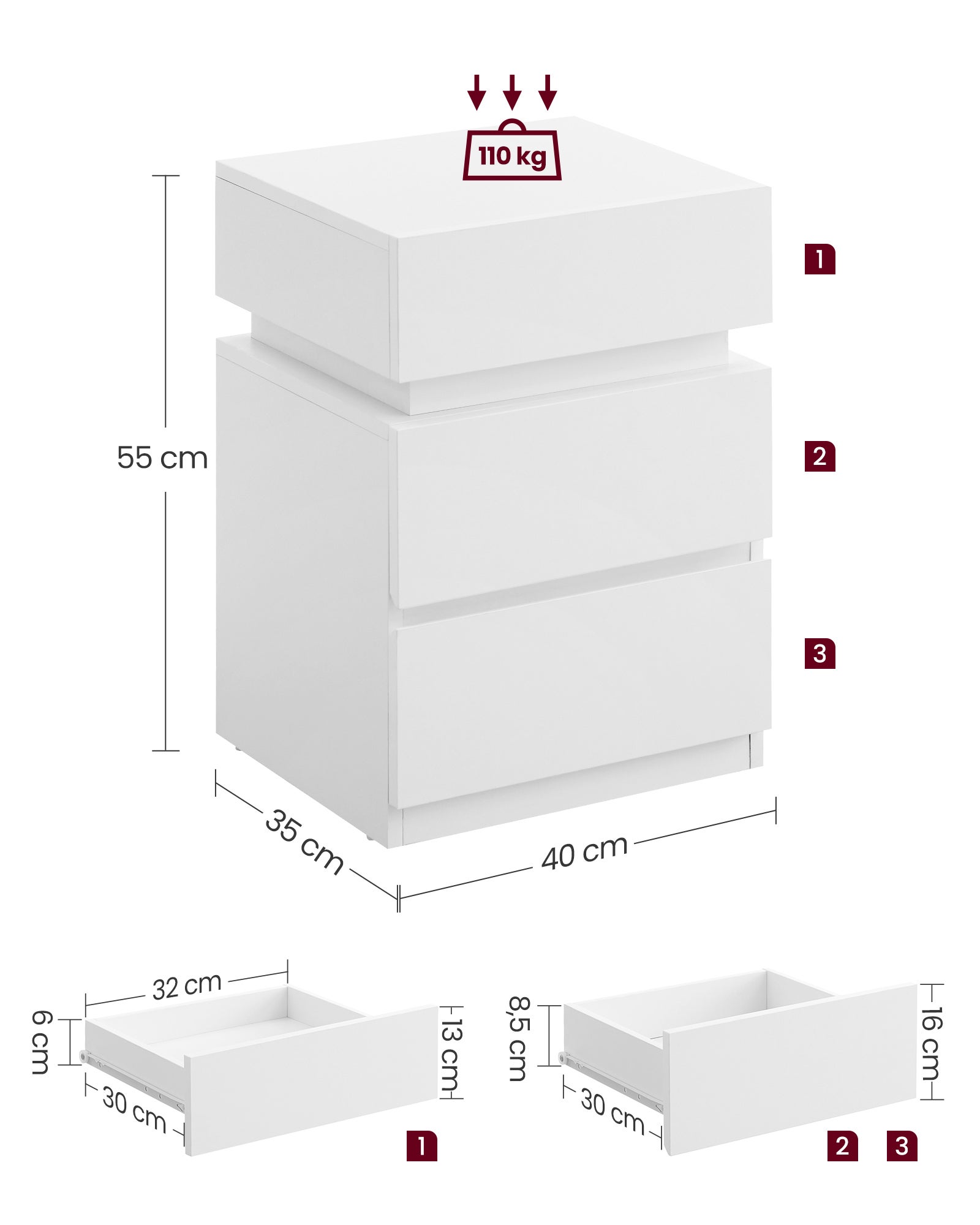 Table de Chevet, Lot de 2, avec Bande LED Multicolore Réglable, 3 Tiroirs, Table d’Appoint de Style Moderne, 35 x 40 x 55 cm, Blanc - 4