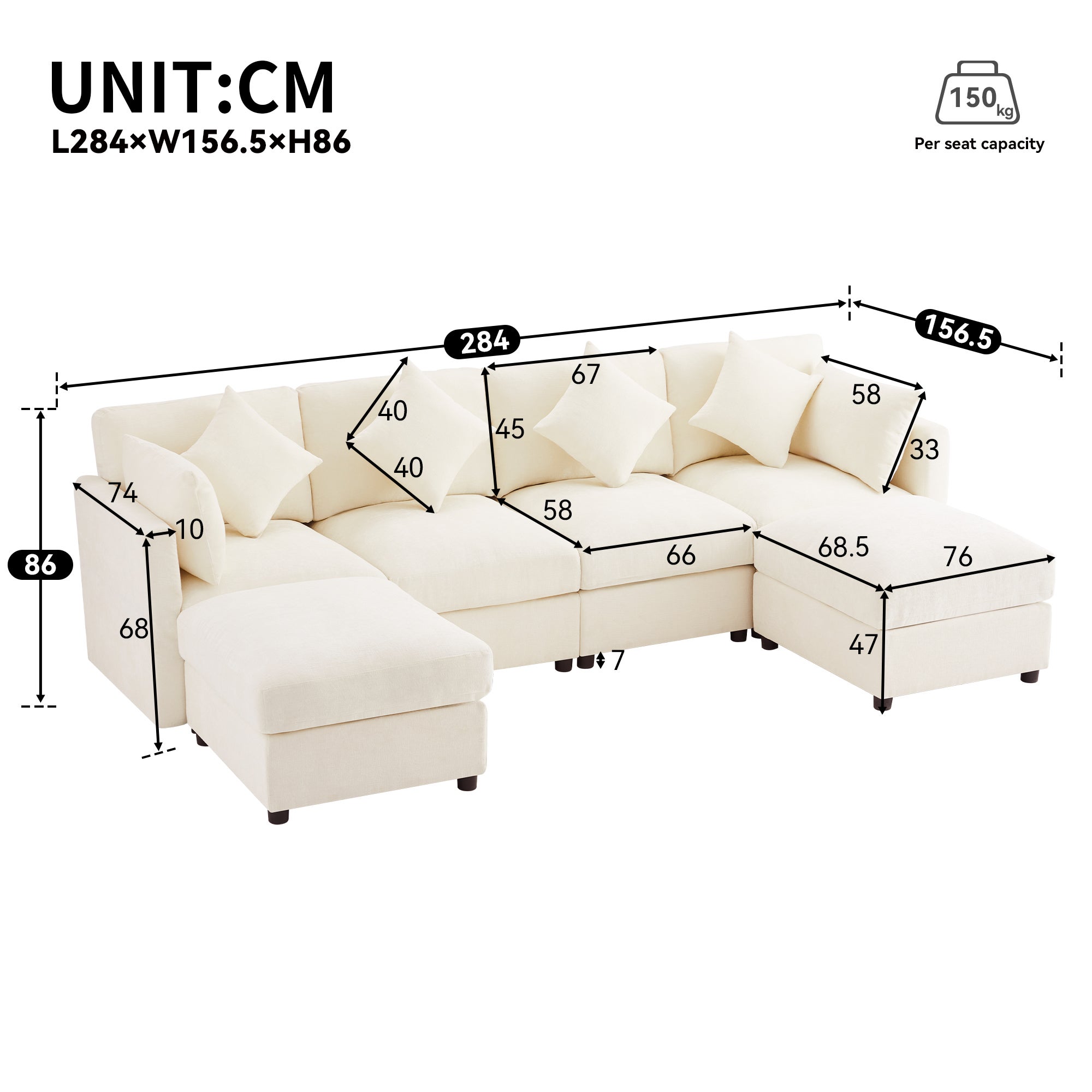 Canapé Modulable 284x156,5x86 cm - Tissu Chenille - Accoudoirs Réglables 3 Positions (90°/120°/180°) - Avec 2 Ottomans et 6 Coussins - Beige - 4