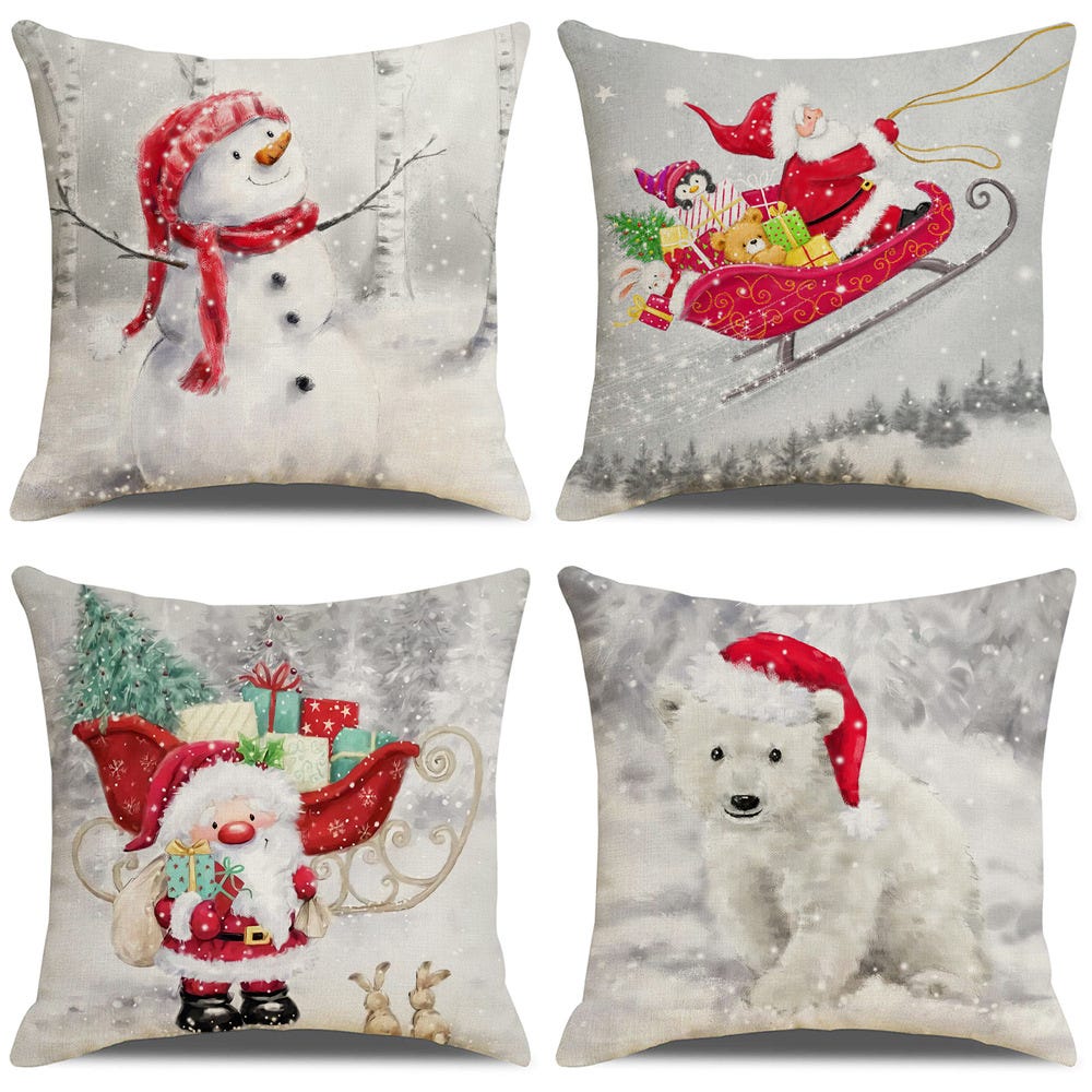 Set Di 4 Federe Per Cuscini Divano Natale In Lino - 45x45 Cm - Decorazioni Natalizie (Tipo B)