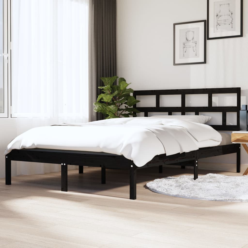 Łóżko Drewniane Czarne Rama Łóżka Ze Stelażem Drewniana Łóżko Do Sypialni Pokoju 135x190 cm