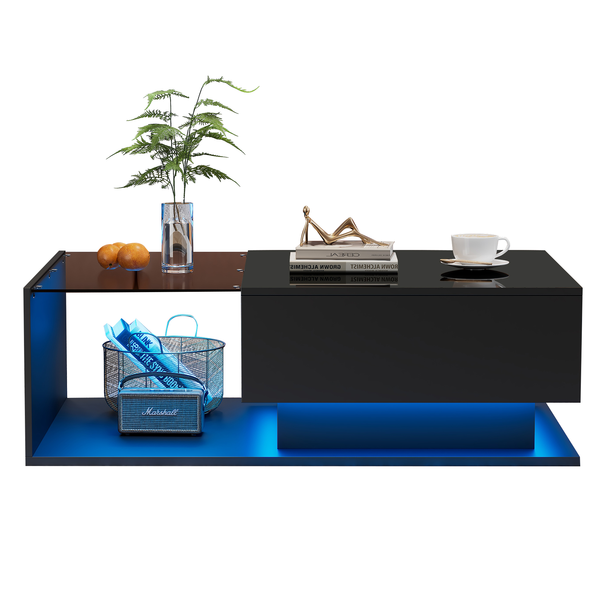 Table basse avec grand tiroir - 100x50x32 cm - LEDs - plateau en verre - Panneaux de particules - Noir brillant - 5
