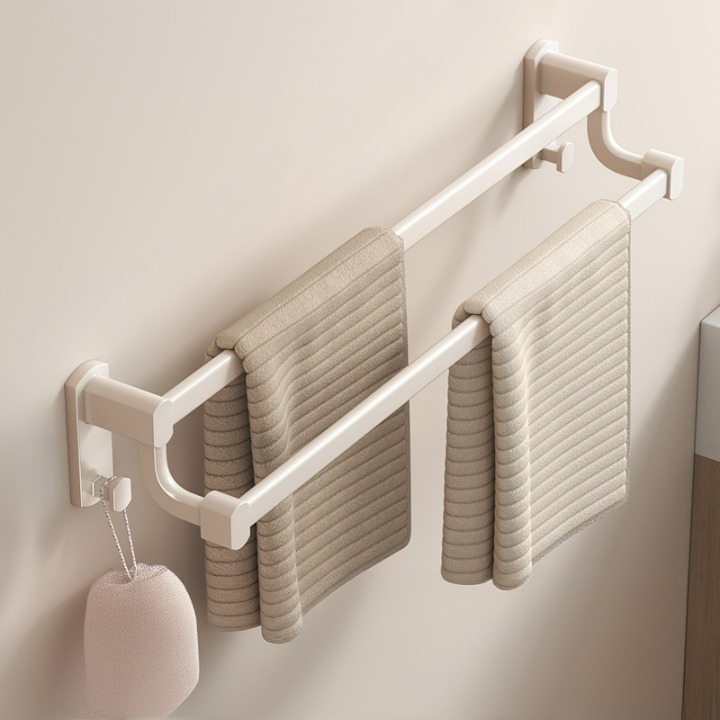 Biały wieszak łazienkowy na ręczniki z podwójnym drążkiem, aluminiowy wieszak na ręczniki, bez wiercenia, 50*8,4 cm