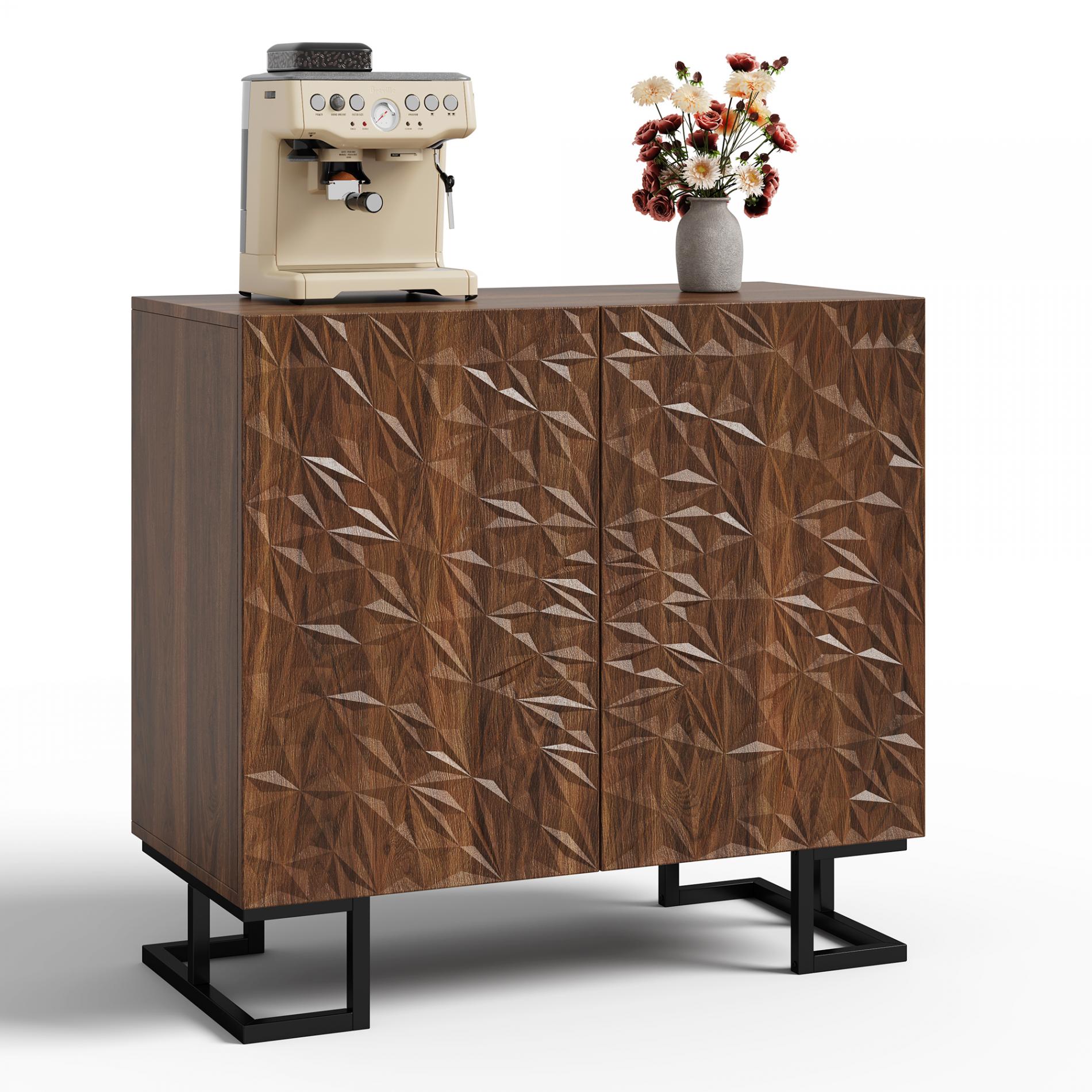 Credenza moderna 'Blattpoesie' 80x40x78 cm Noce scuro, gambe in metallo, rilievo delle ante, apertura a pressione - 7