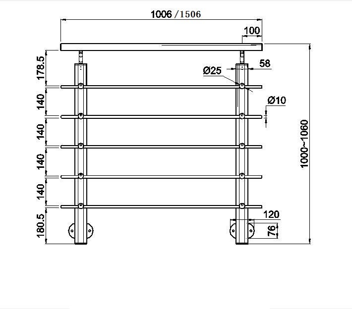 Garde-corps - Intérieur et extérieur - Aluminium argenté - Avec 5 traverses et 1 main courante - 150cm - Rampe d'escalier pose latérale - 5