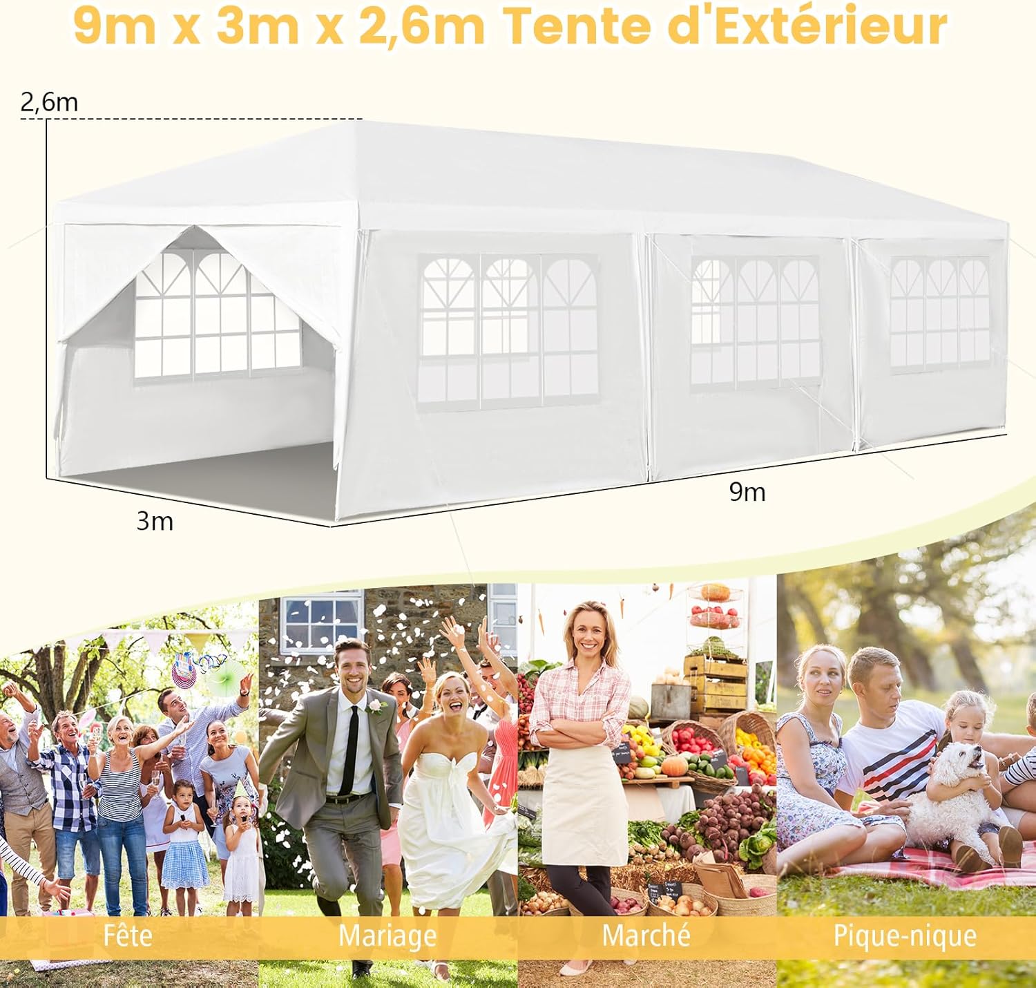 Tonnelle de Jardin 3x9m inclut 6 Murs Amovibles avec Fenêtre sur Côté, Abri Robuste avec Piquets de Terre - 5