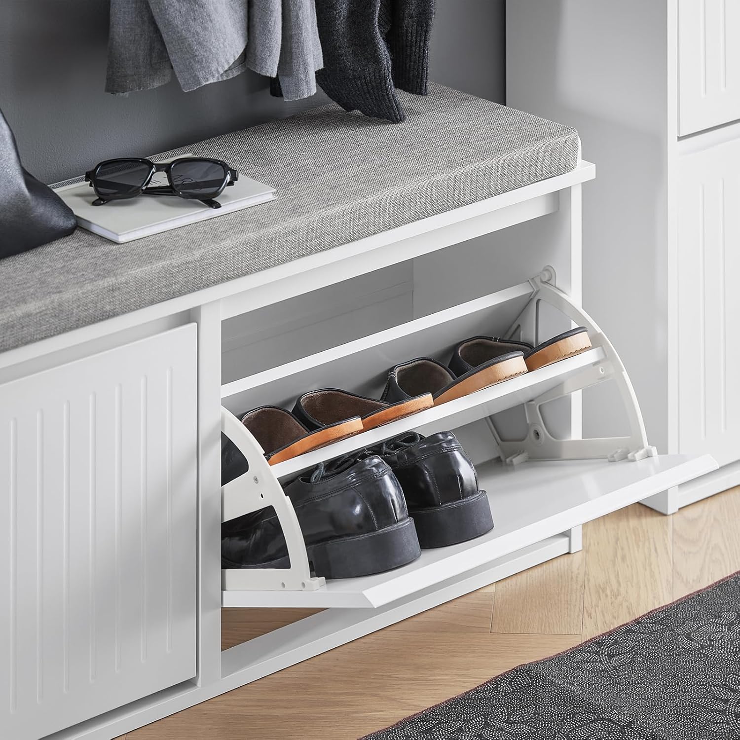 SoBuy Banc à Chaussures Meuble à Chaussures avec Assise Coussin Rembourré et 2 Abattants, Blanc, FSR98-XL-W - 4