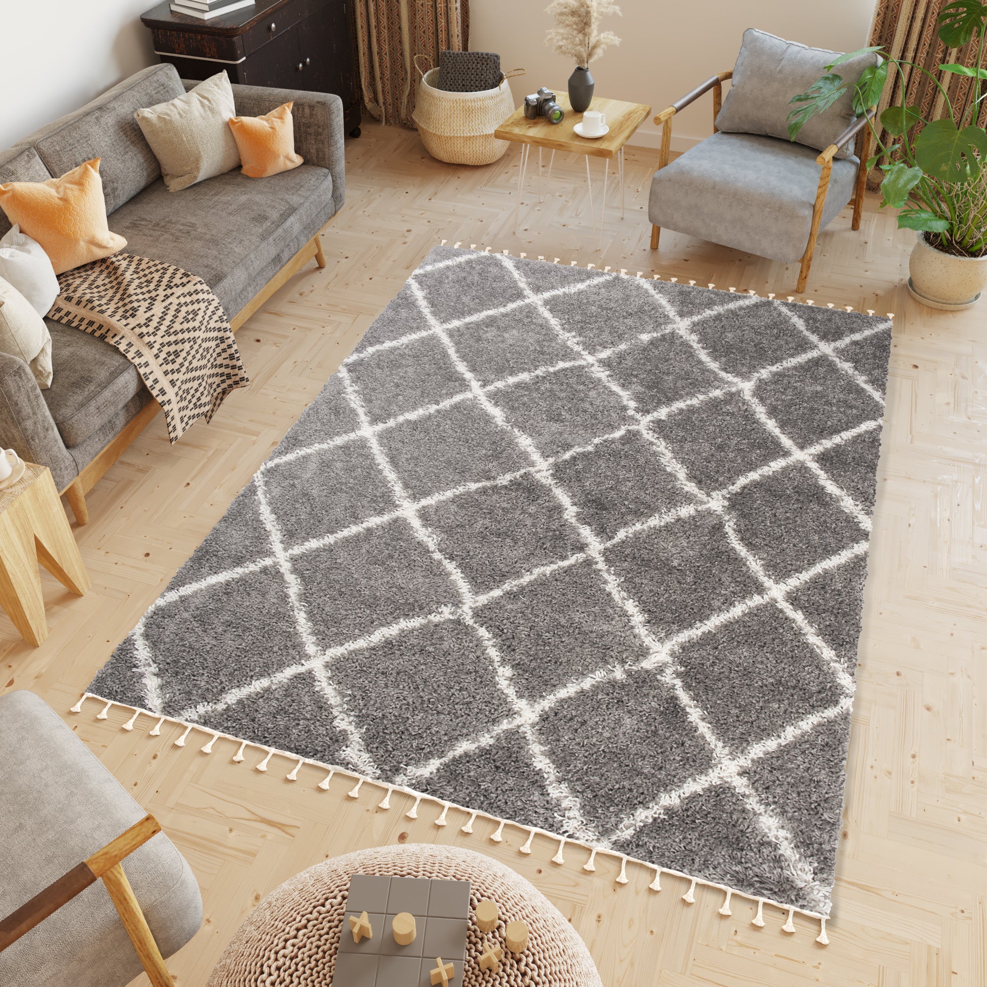 Tapiso boho alfombra salon sala gris crema cuadros borlas trenzas shaggy gorda 240 x 330 cm