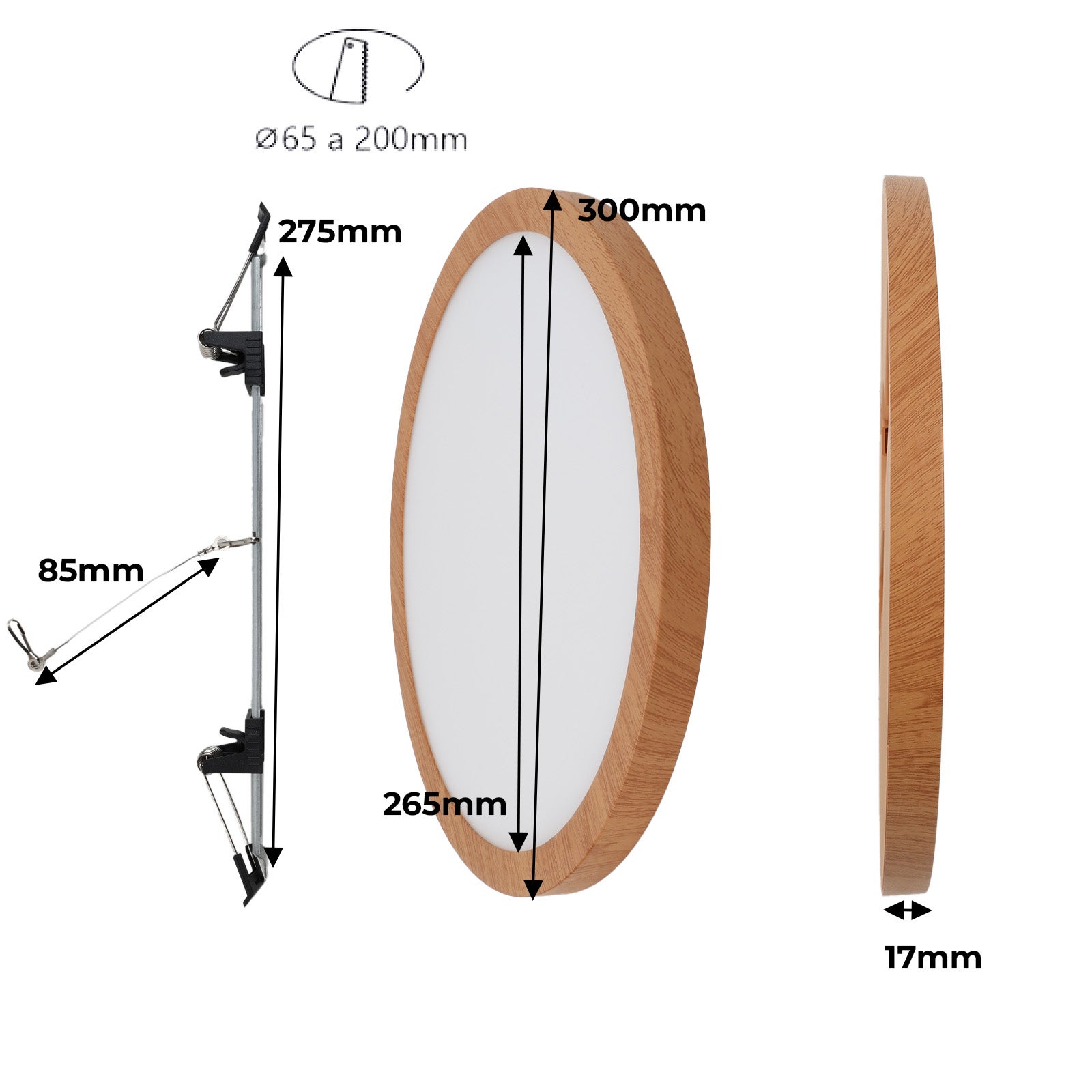Plafón LED Circular Ø300 mm 24W IP44 empotrable/superficie efecto madera, CCT 3000K-4000K-6000K, corte ajustable Ø65-270 mm, diseño ultrafino 17 mm. - 7