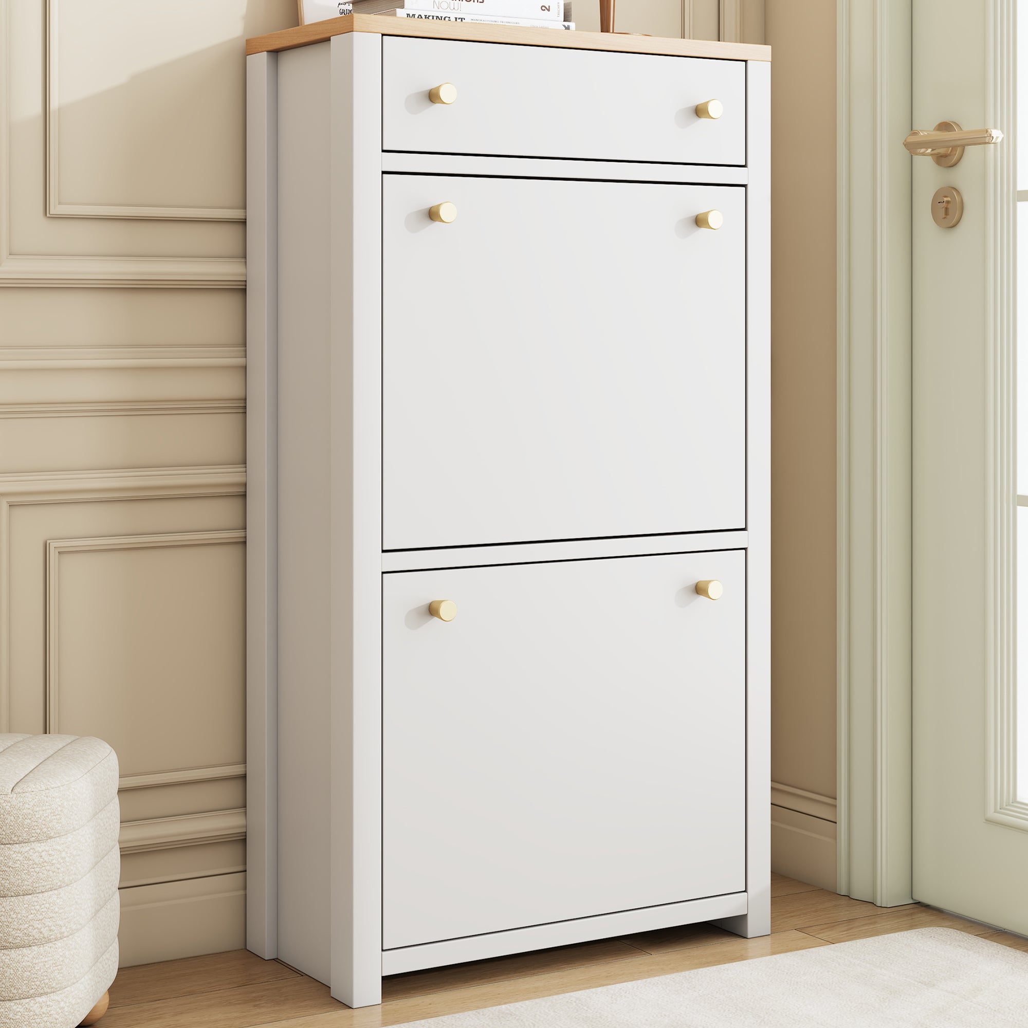 Szafka na buty z 2 drzwiami opuszczanymi, szufladą i regulowanymi półkami – MDF – 50 x 25 x 95 cm – imitacja białego drewna - 4