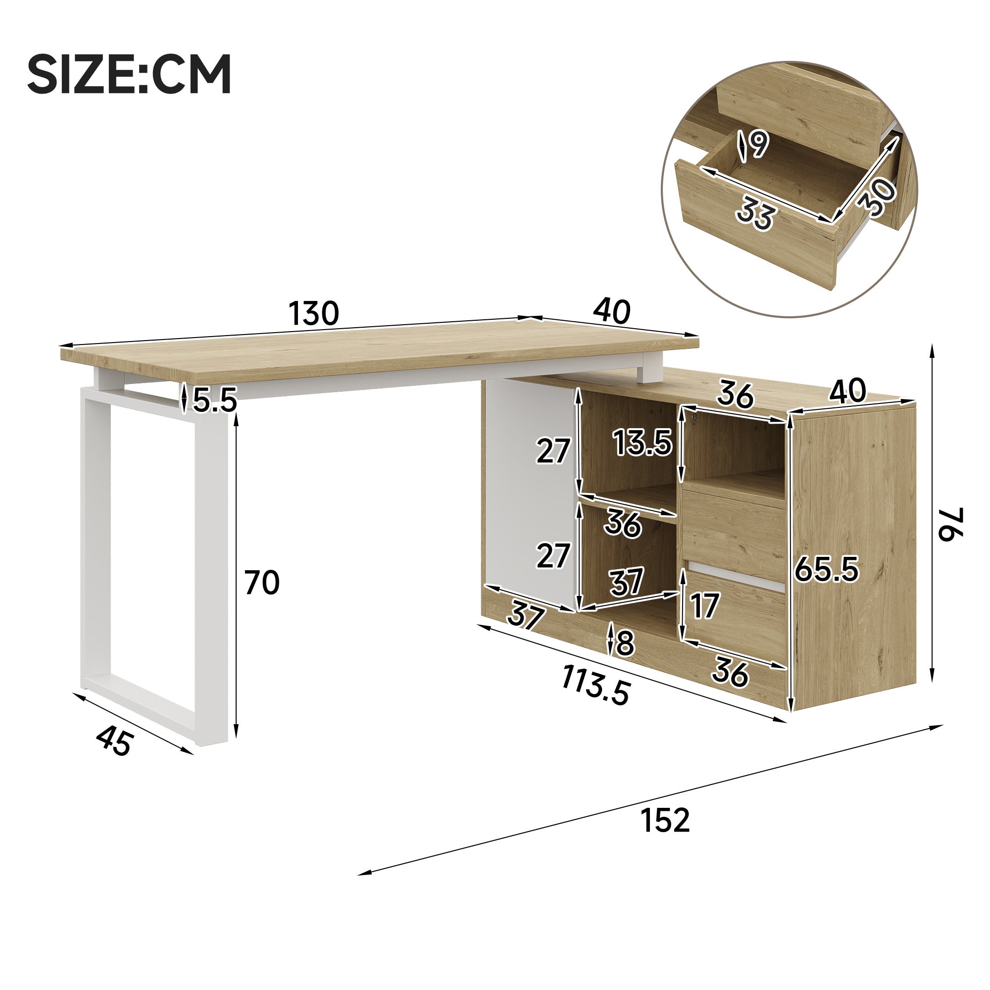 Bureau d'angle avec 2 tiroirs, 3 étagères ouvertes et 1 porte - 152 x 113,5 x 76 cm - MDF et métal - Étagères réglables - Bois naturel et Blanc - 5