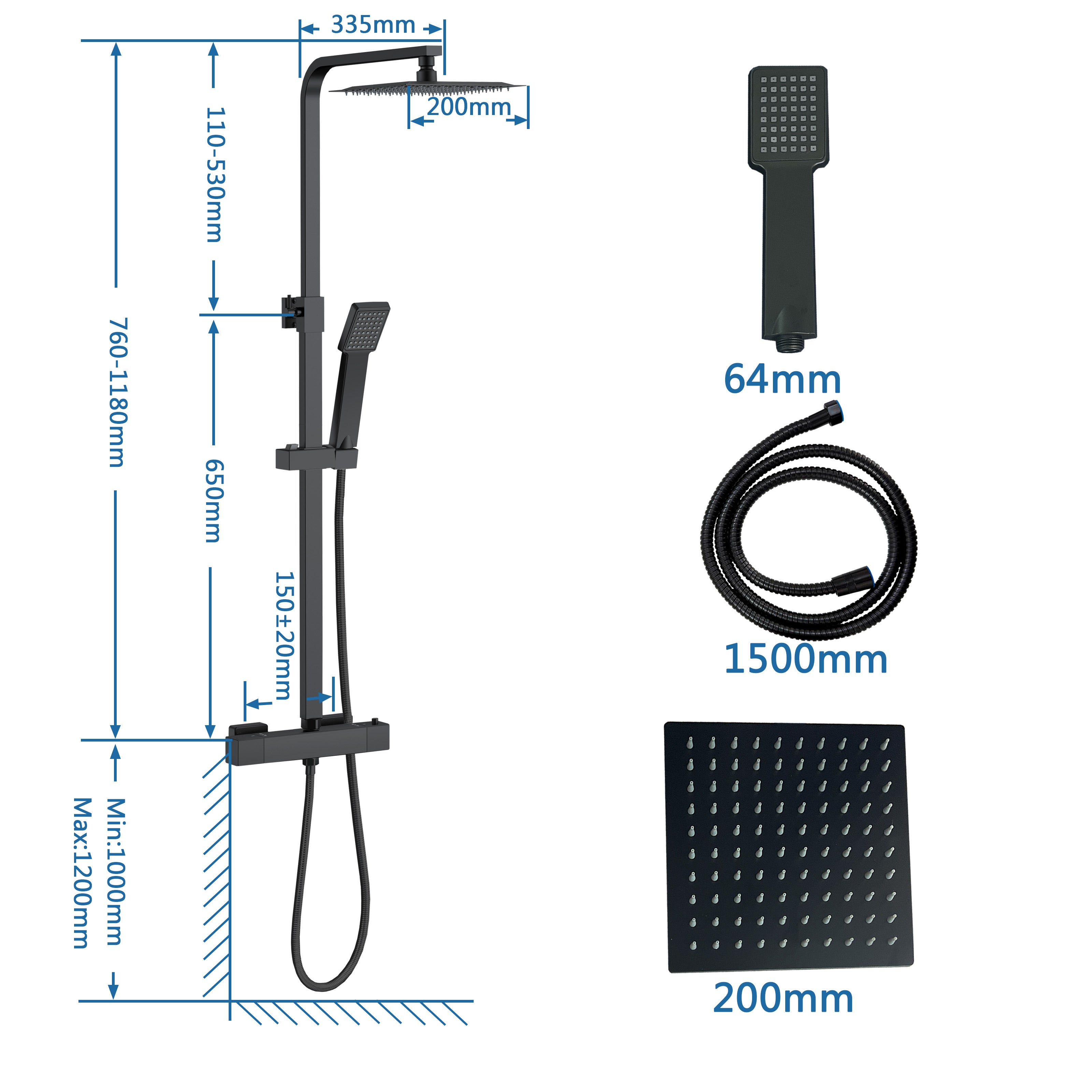 Aica Columna de Ducha Termostática con alcachofa de mano ducha lluvia barra ajustable negro mate - 8