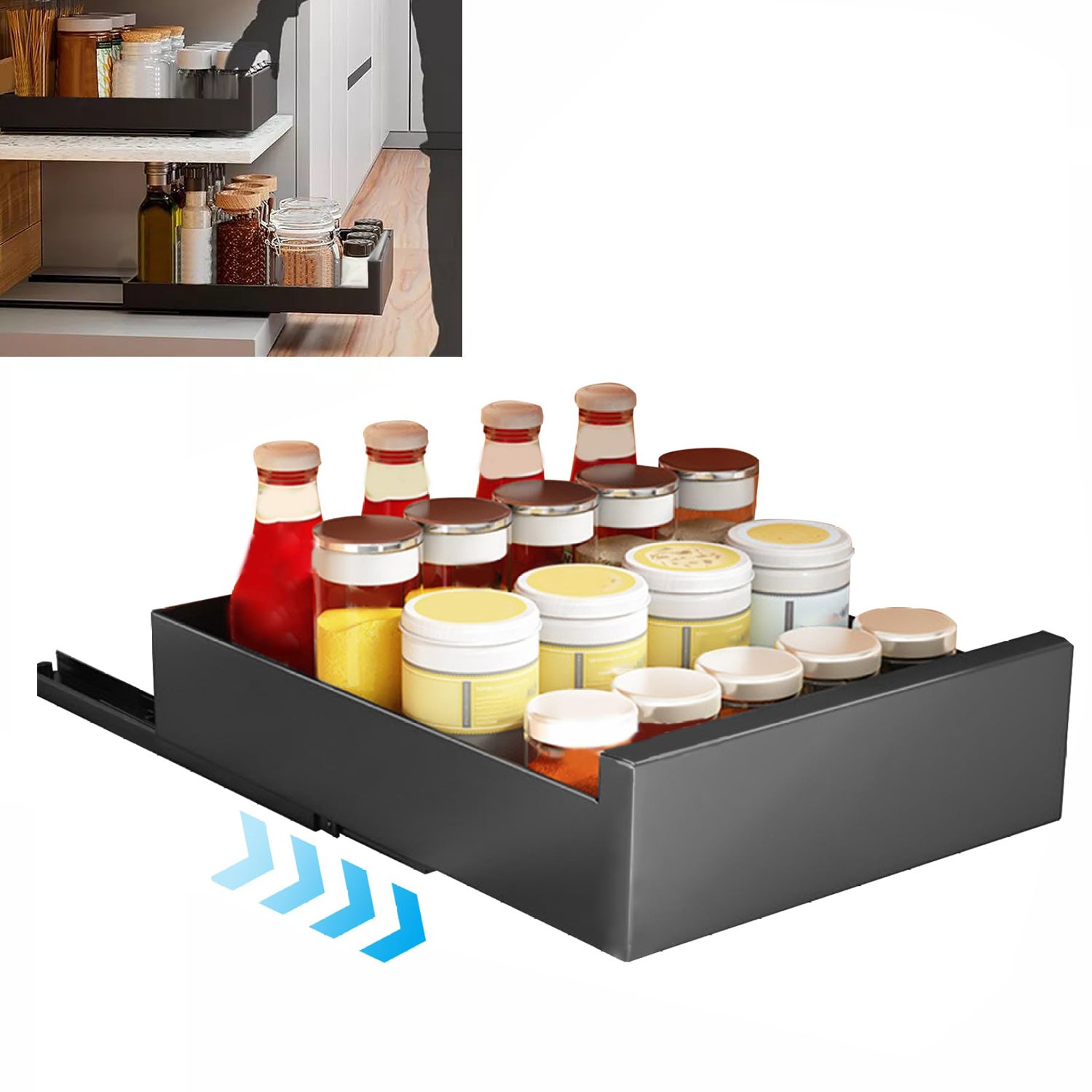 Organisateur d'Armoire Coulissant avec Installation Adhésive - Panier de Rangement à Tiroir Coulissant Sans Perçage pour Armoire de Cuisine, 14.76x9.64 Pouces, Noir Lot de 2