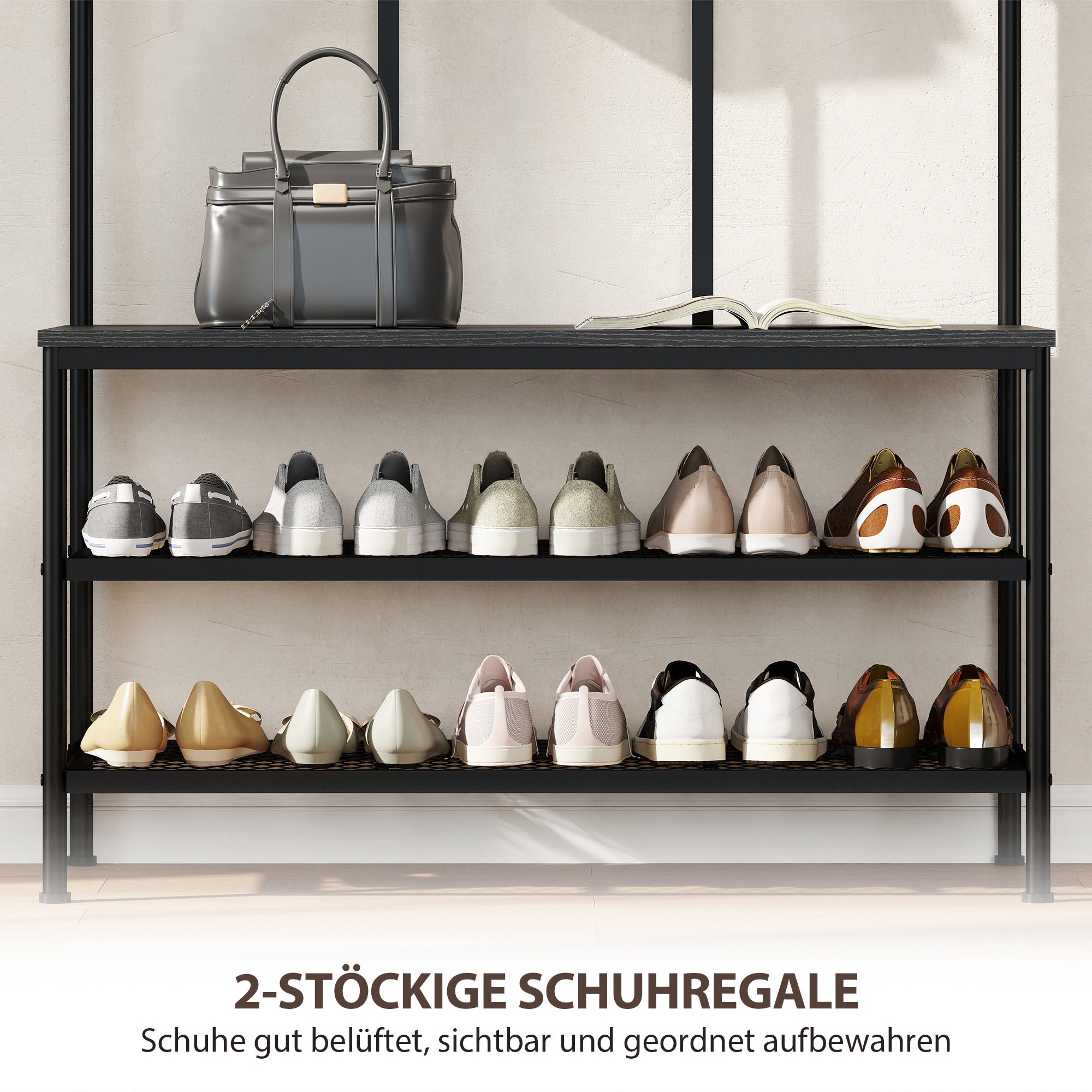 Commode 3 en 1 : porte-manteau, patère, banc, étagère à chaussures, métal, panneau de fibres, noir - 9