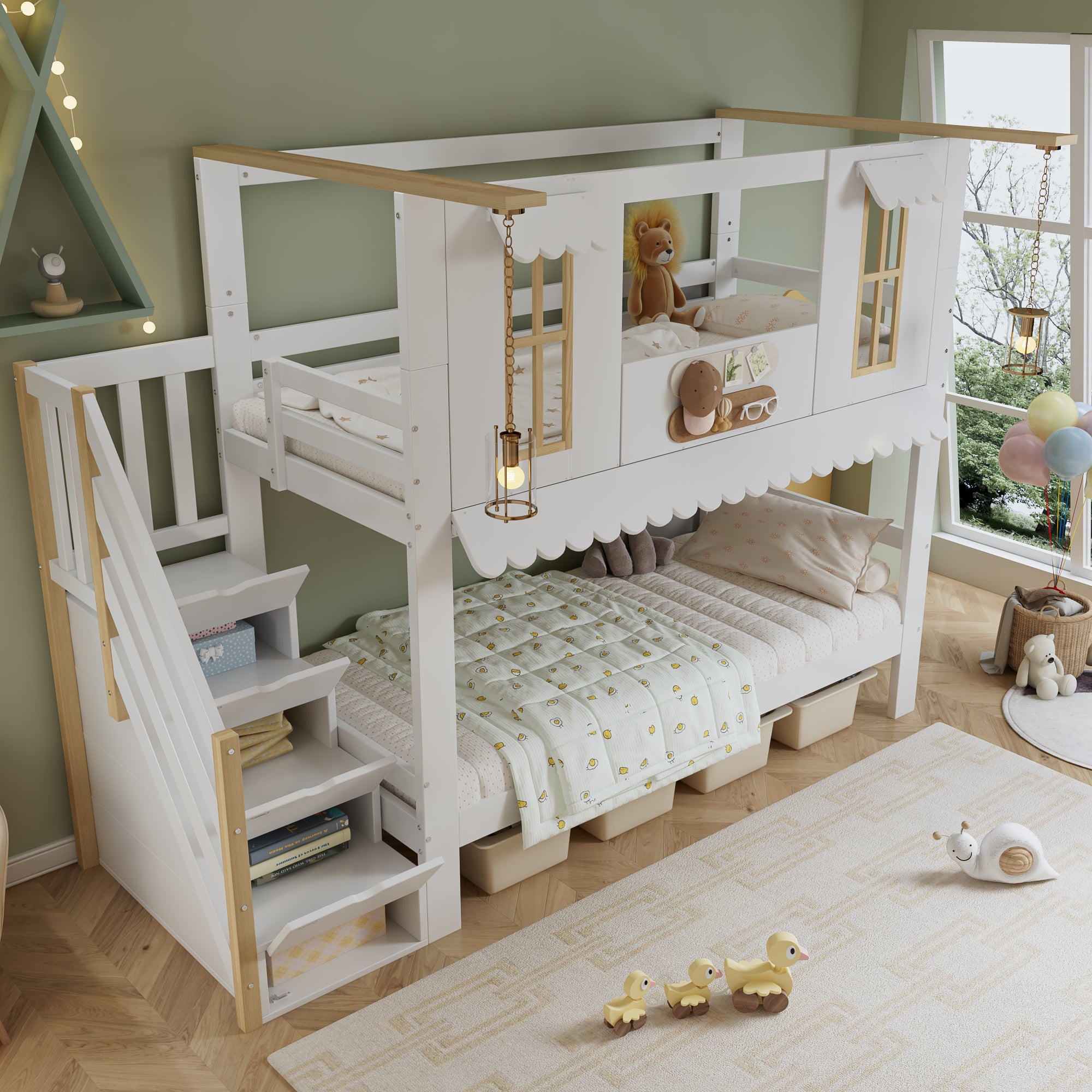 Łóżka piętrowe 2 x 90 x 200 cm z 4 drzwiami i 2 oknami - Sosna + MDF + sklejka - Białe i naturalne (Materace nie są wliczone w cenę) - 3
