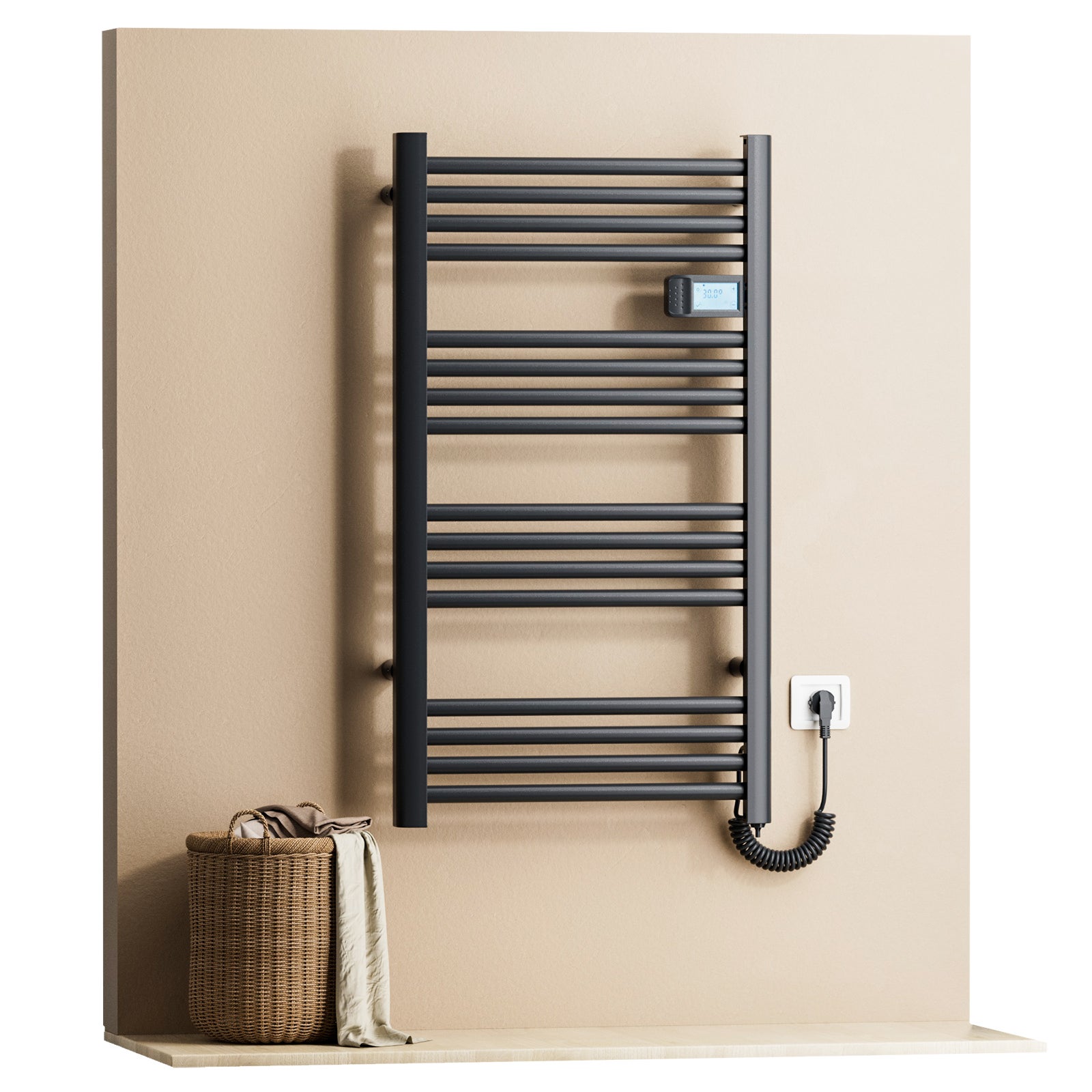 EMKE Grzejnik elektryczny łazienkowy 500W 96x54 cm czarny mat z termostatem, funkcją Antybakteryjną