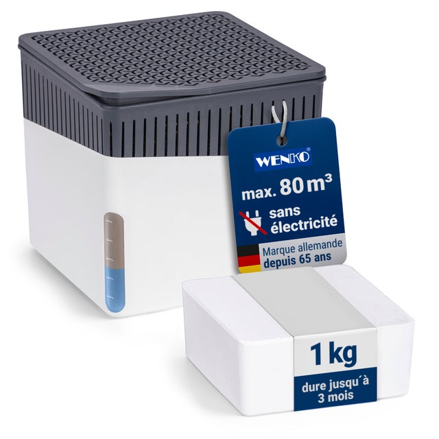 WENKO Déshumidificateur d'intérieur Cube Blanc 1000 g, prévient la formation de moisissures et les mauvaises odeurs