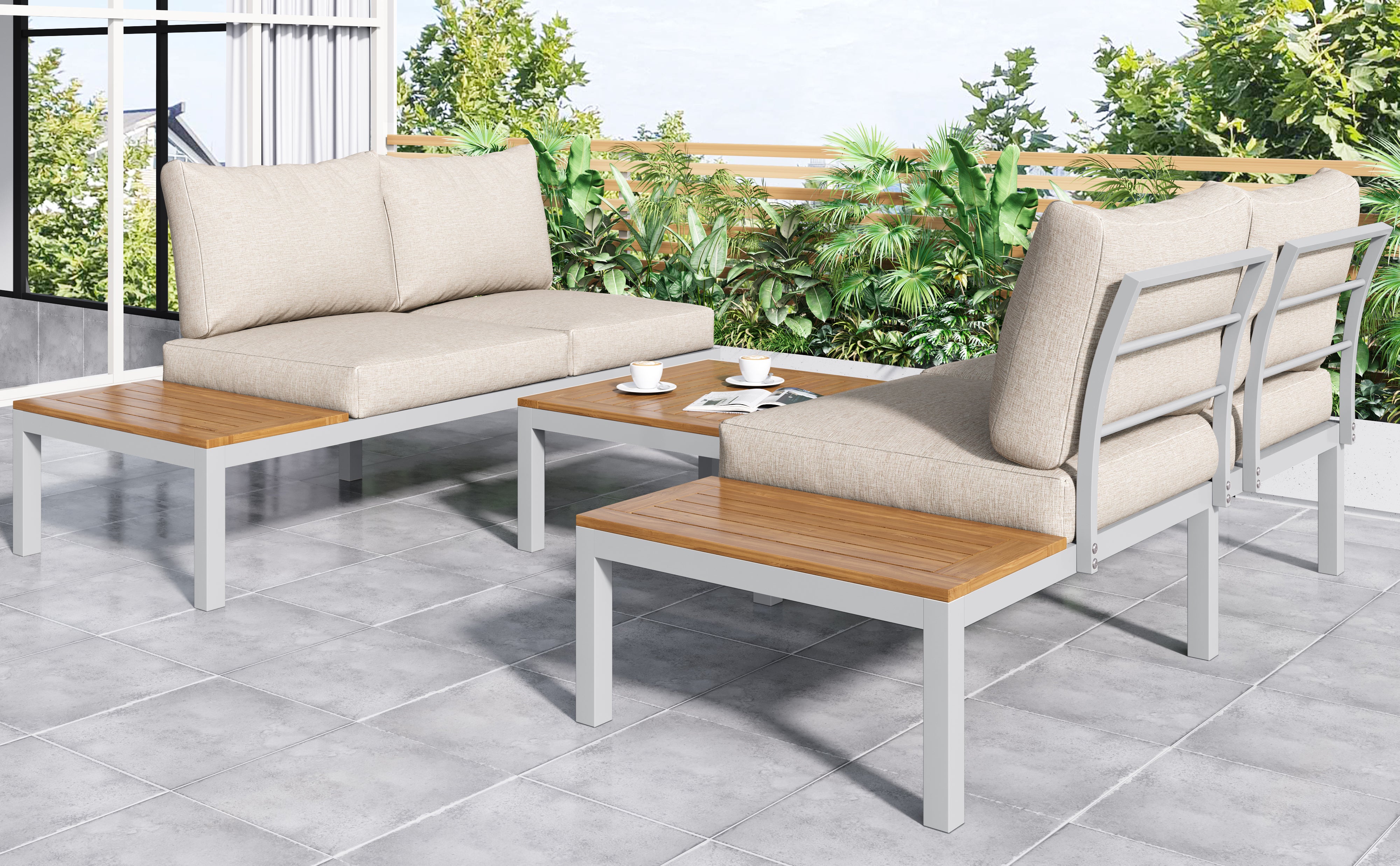 Salon de jardin modulable en bois d'acacia : 1 canapé d'angle + 2 table d'appoint + 1 table basse - Beige + marron - 5